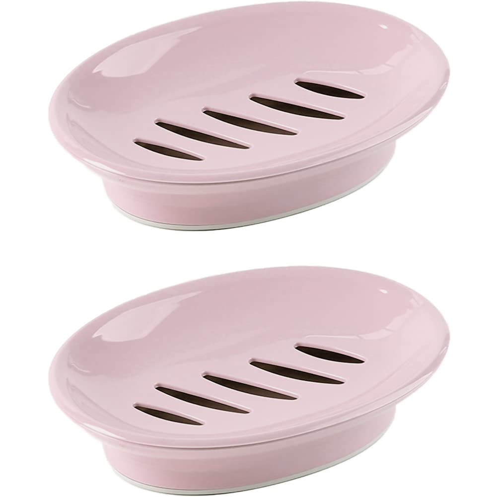 WYOK 2-Pack Pink Soap Dish with Drain - Soap Holder Tray for Shower, Bathroom & Kitchen - Prevents Mushy Soap, Easy to Clean & Dries Fast - Perfect for Sink Countertop, Bathtub Edge and Vanity Organizer