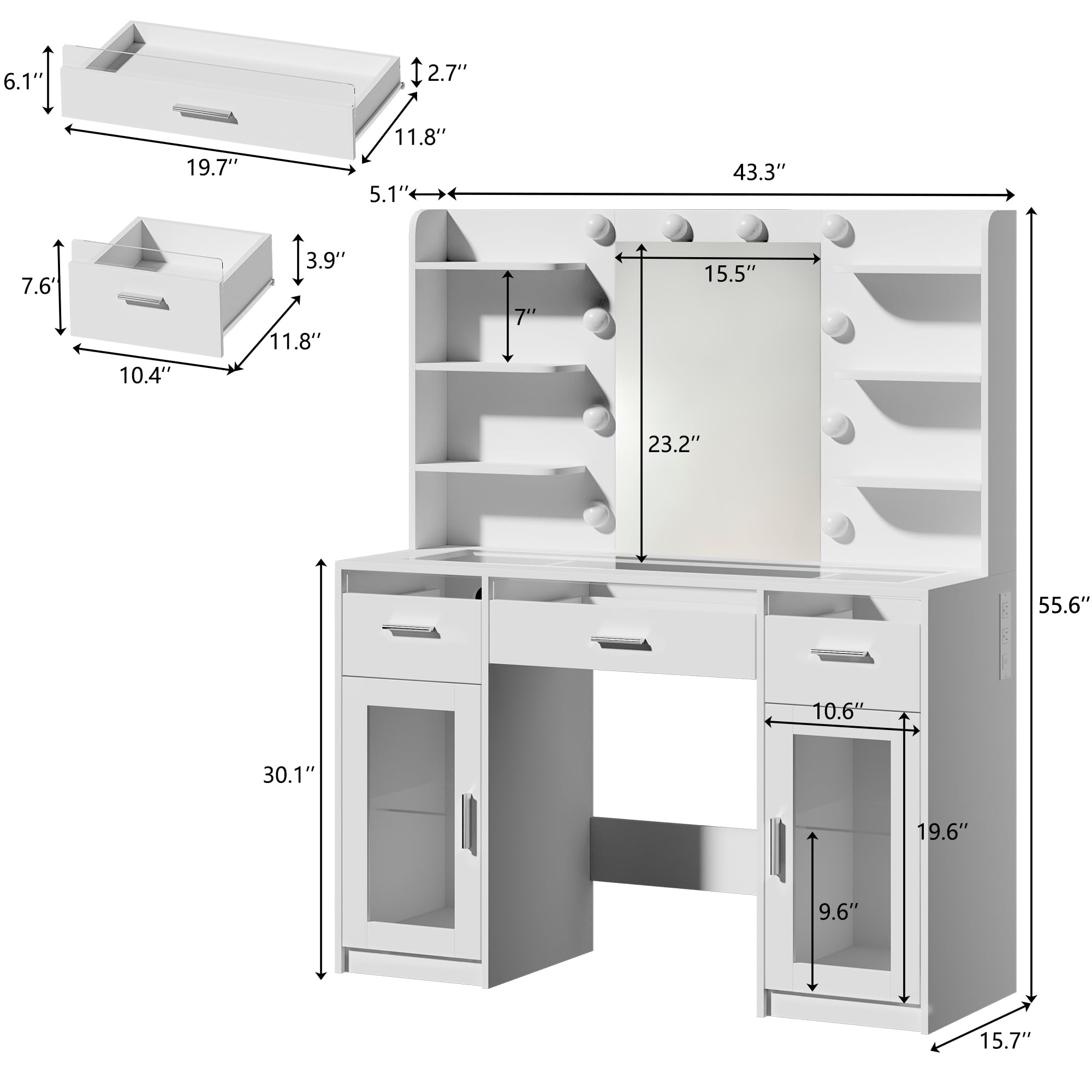 HUAHUUU Vanity Desk with Mirror & LED Lights - White Makeup Dressing Table, 3-Color RGB Drawers, Transparent Top, 6 Shelves, 2 Tempered Glass Cabinets, Built-in Power Outlet - Perfect for Bedroom, Dorm Room & Beauty Salon Makeup Station