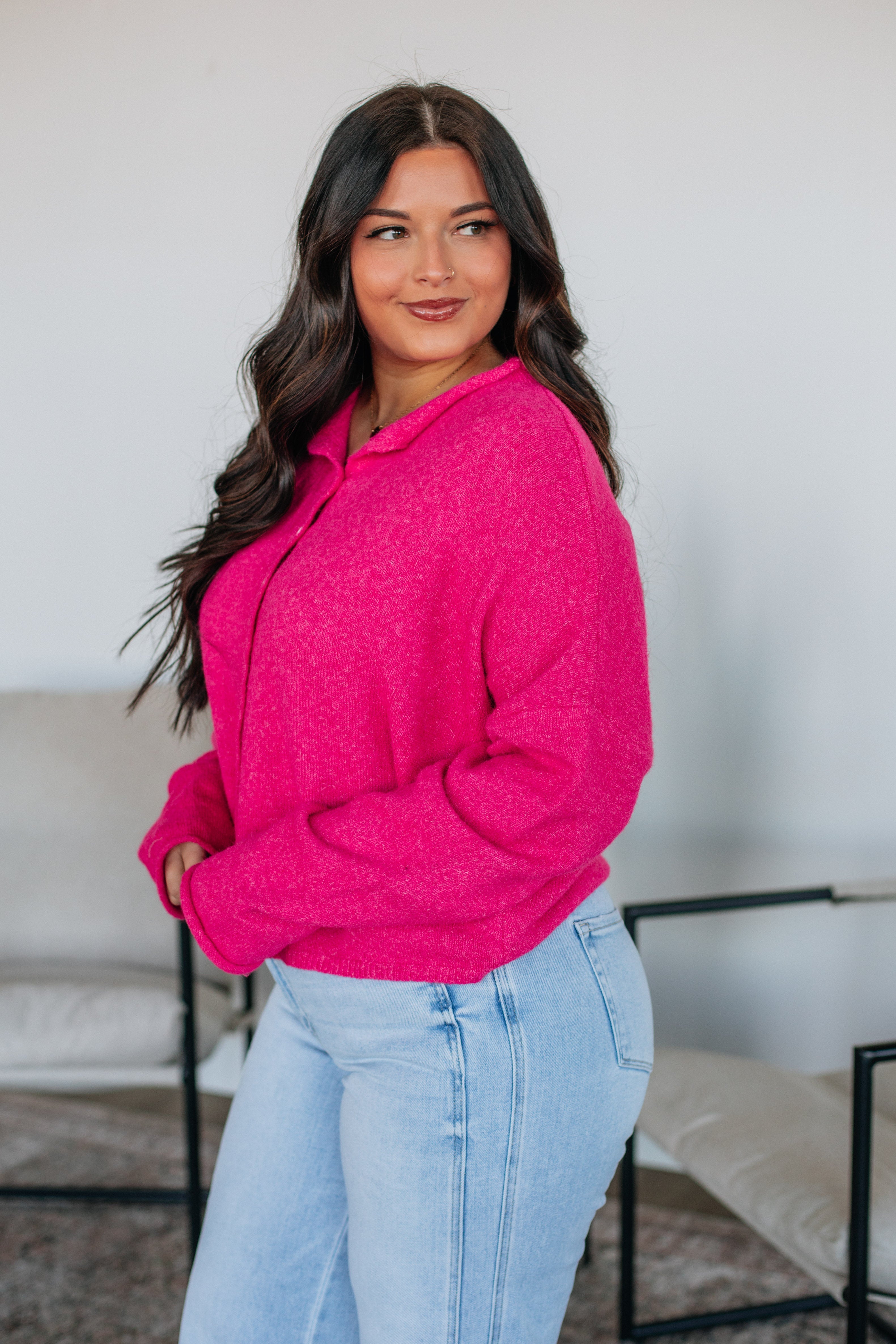 Brooke Cardigan Women's Fuchsia Pink Knit Sweater - Cozy & Stylish for Fall & Winter Outfits