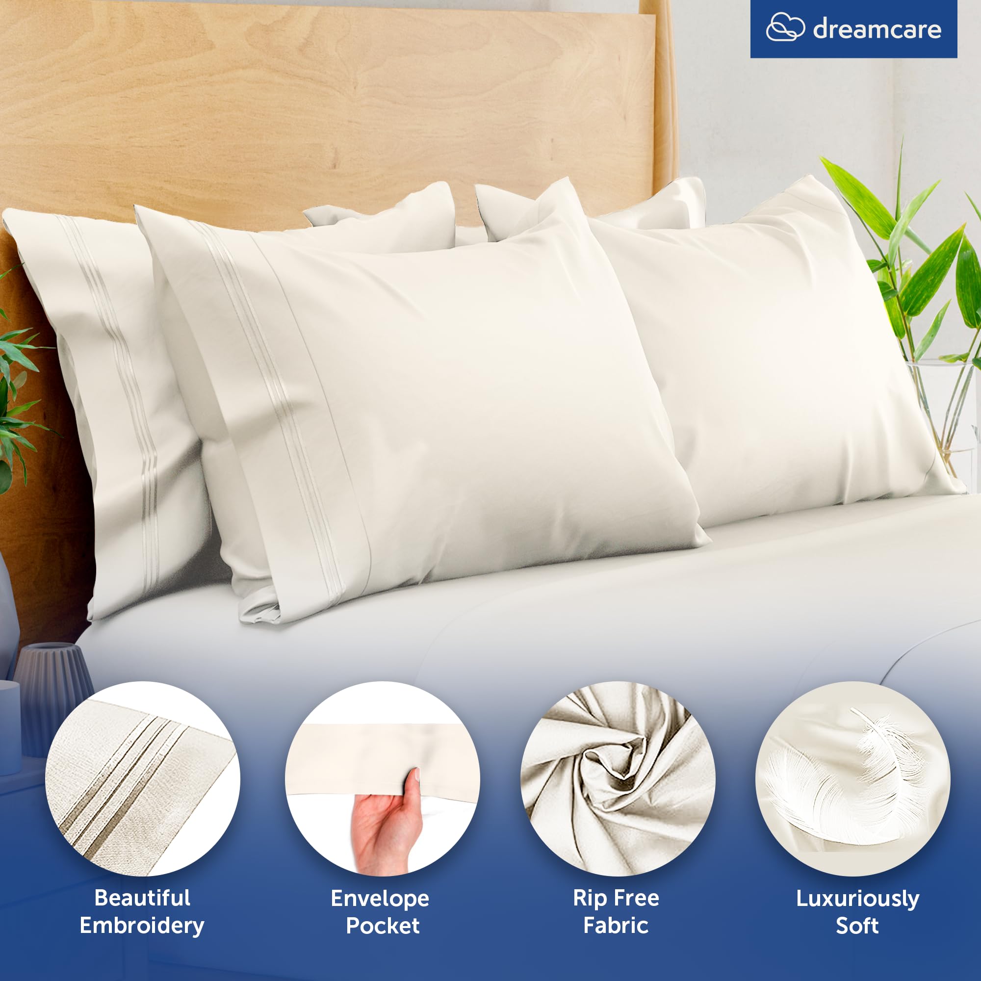 DREAMCARE Queen Size Microfiber Pillowcases Set of 2 - Ultra Soft, Breathable & Cooling Pillow Covers for Hot Sleepers, Hypoallergenic Bedding, Ivory - Perfect for Home, Hotel, and Travel Use