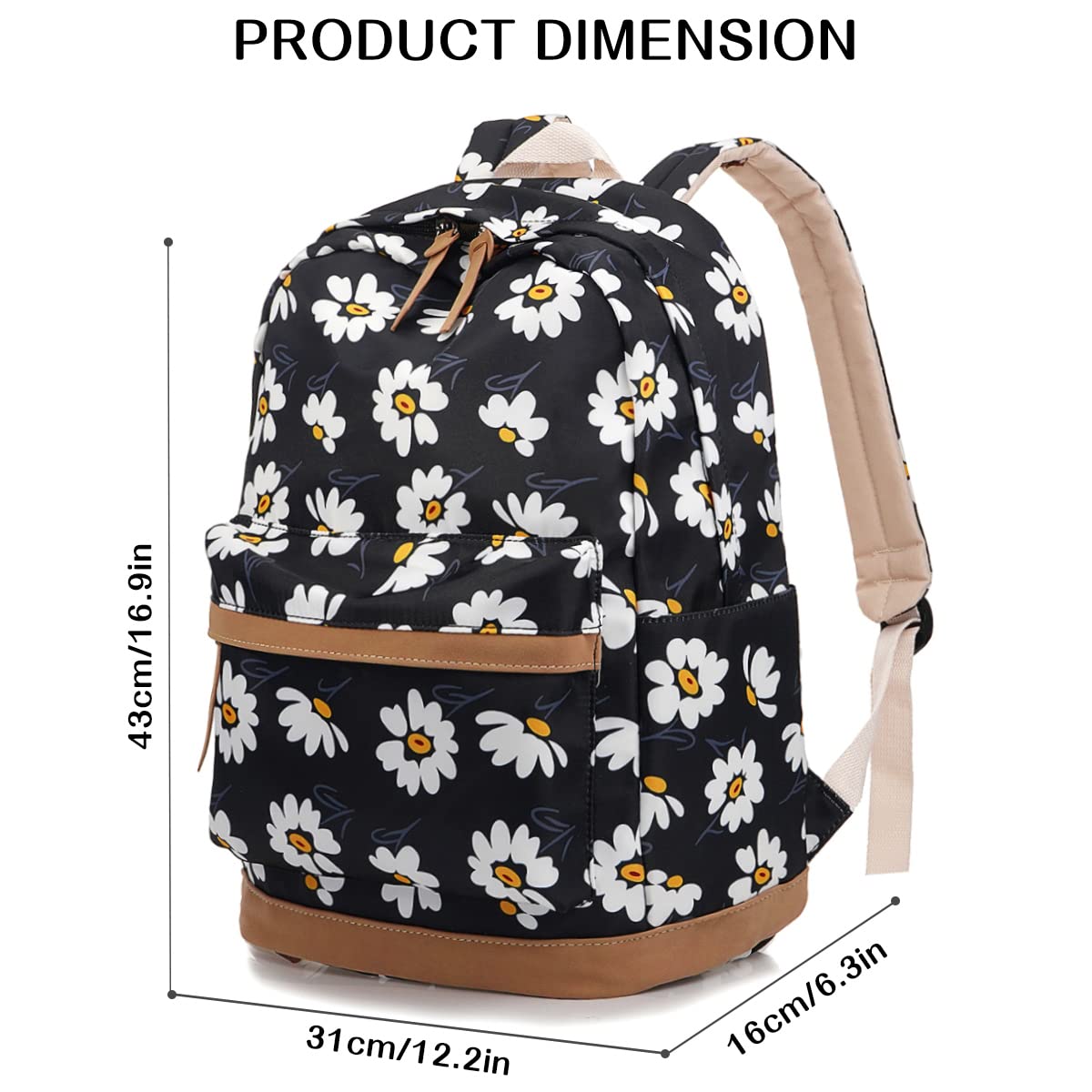 Floral Laptop Backpack for Women - Lightweight Water Resistant School Bag with Daisy Print, 15.6 Inch Travel Backpack for College, Work & Daily Commute
