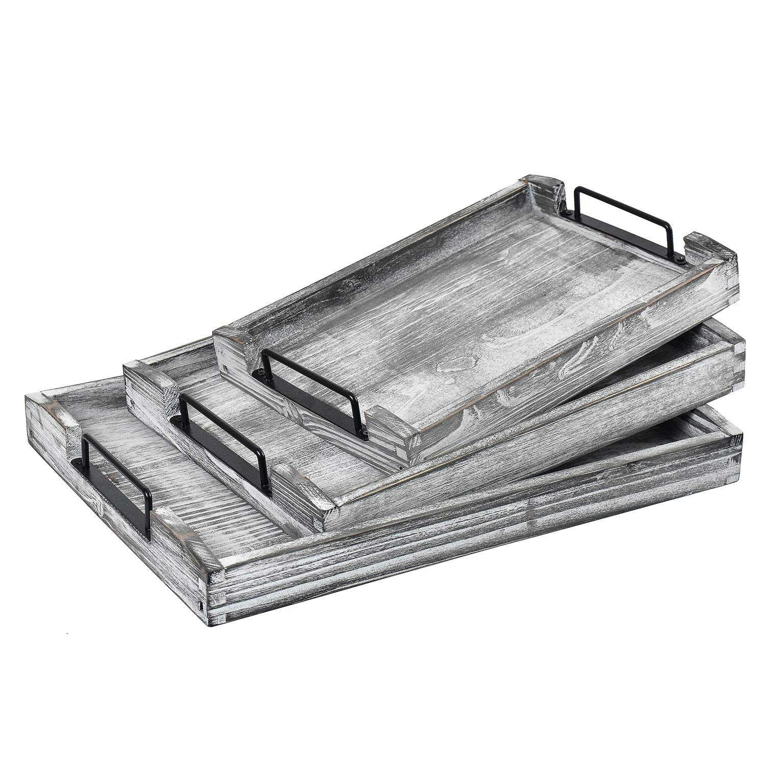 VERGOODR Set of 3 Rustic Torched Wood Nesting Breakfast Serving Trays with Handles - White Grayish | Farmhouse Style Kitchen Decor for Coffee, Tea, Brunch & Entertaining