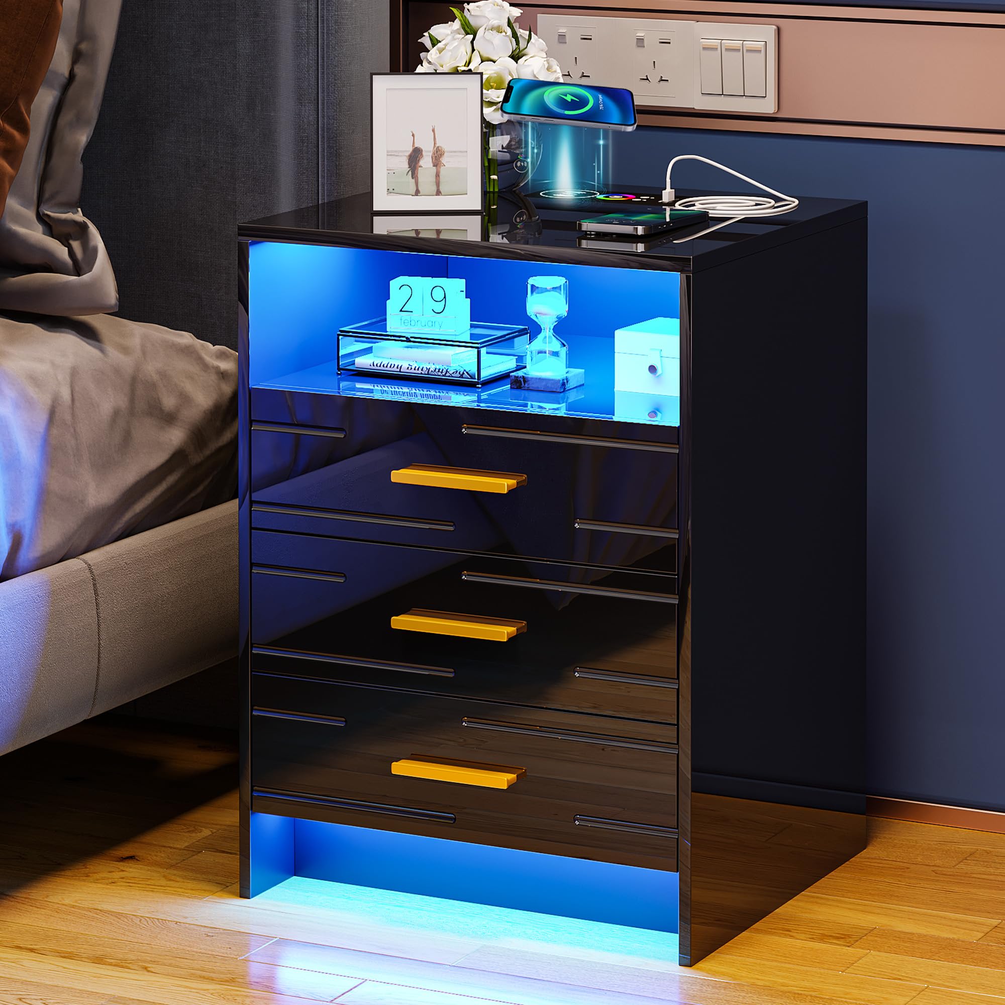 HNEBC Modern Black Nightstand with Wireless Charging, 3 Drawers & LED Lights - Smart Bedside Table with Motion Sensor for Bedroom - Perfect for Bedside Storage, Phone Charging & Ambient Lighting
