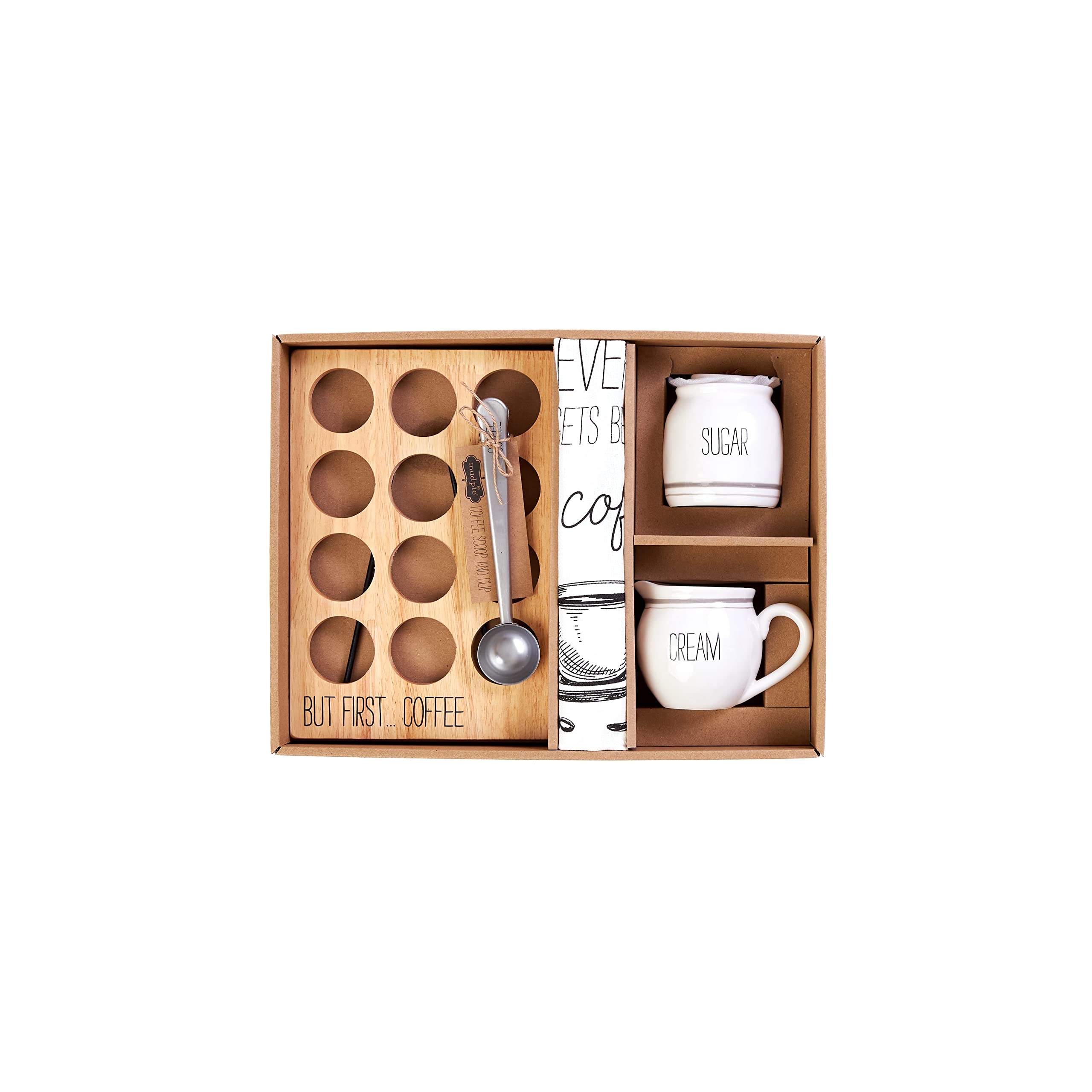 Premium Mud Pie Coffee Gift Box Set - Includes Coffee Pod Holder, Cream & Sugar Set, Coffee Scoop & Hand Towel | Perfect for Home, Office & Coffee Lovers Gifts