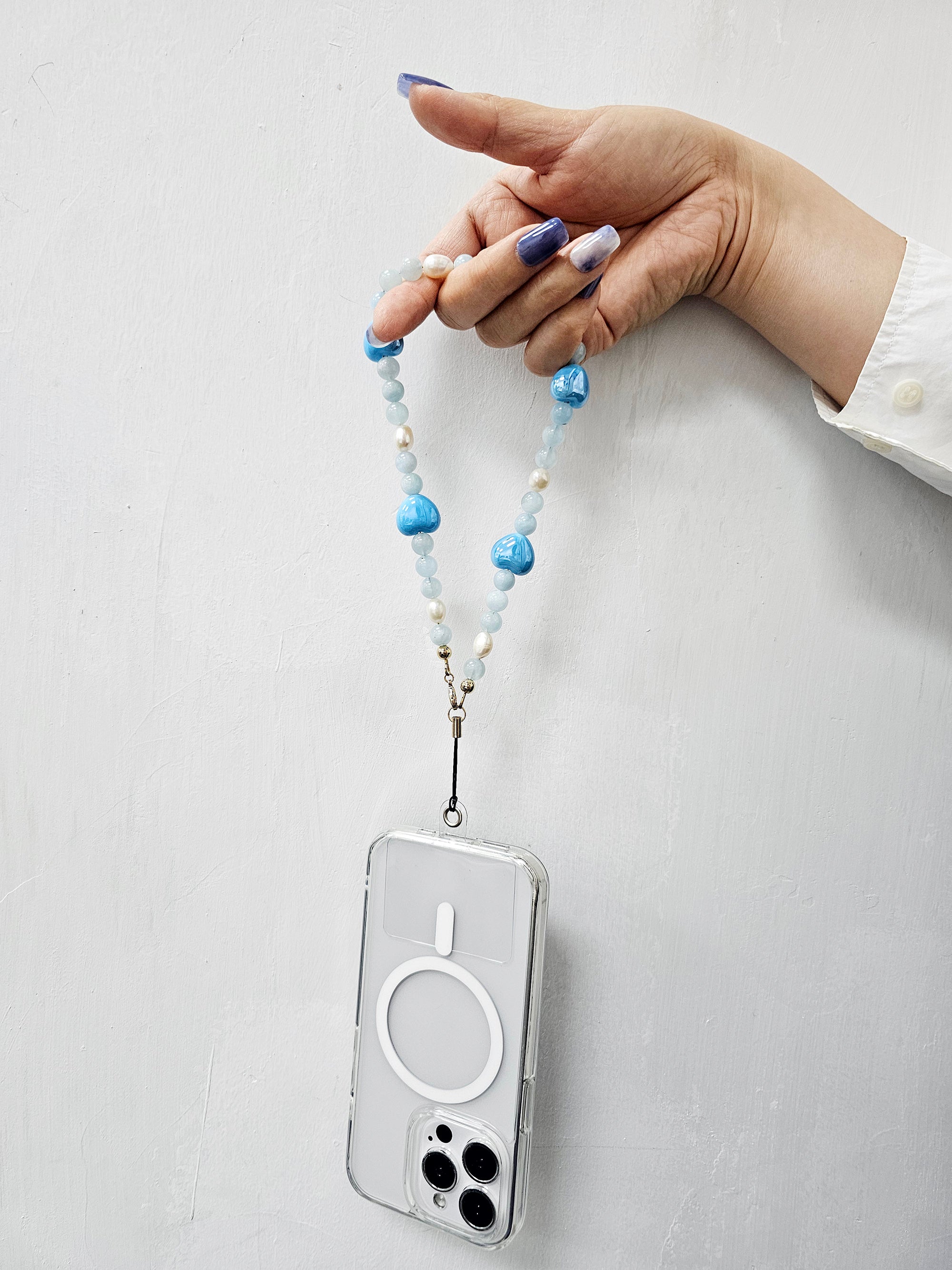 Natural Aquamarine & Freshwater Pearl Heart Charm Phone Strap - Elegant Jewelry Accessory for iPhone, Samsung & Smartphones | Perfect Gift for Women, Birthday, Anniversary & Everyday Use