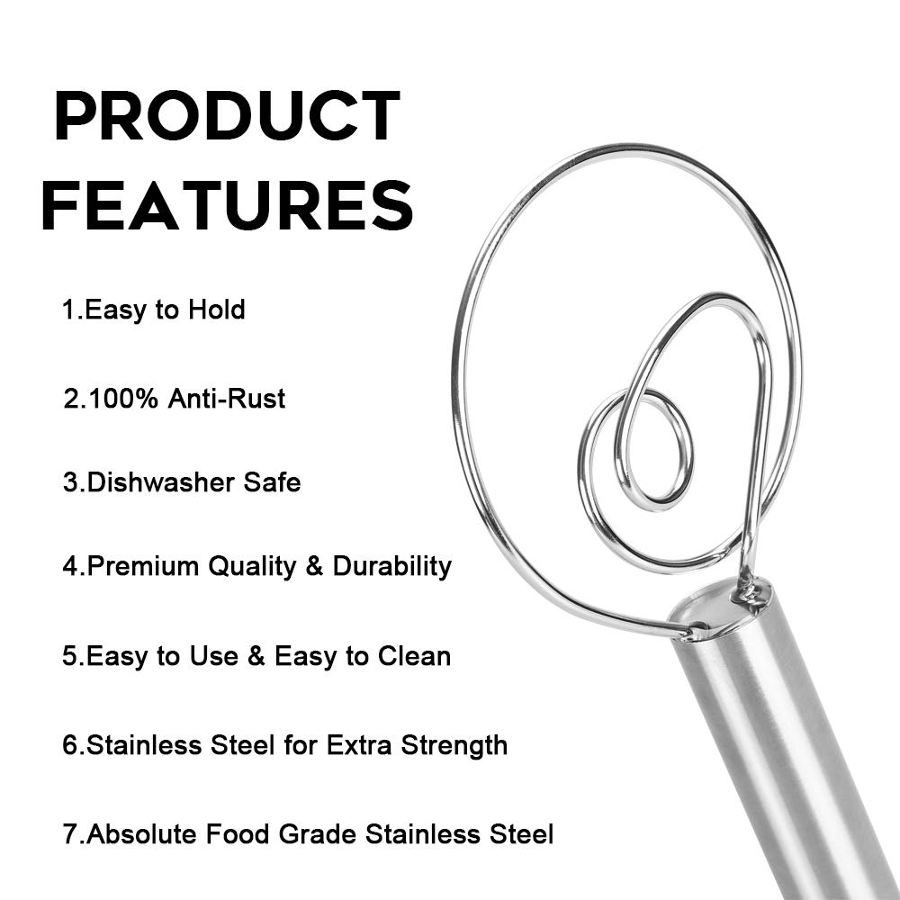 Alanfox 12-Inch Stainless Steel Danish Dough Whisk - Professional Bread Mixer for Baking Sourdough, Pizza, Cake & Pastry - Dishwasher Safe & Easy Clean - Perfect for Home Bakers & Professional Kitchens