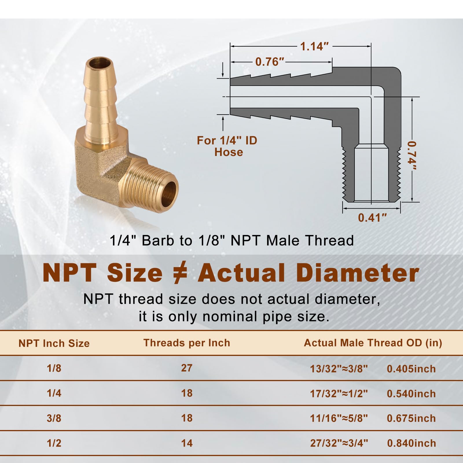 5-Pack Brass 90 Degree Elbow Hose Fittings - 1/4