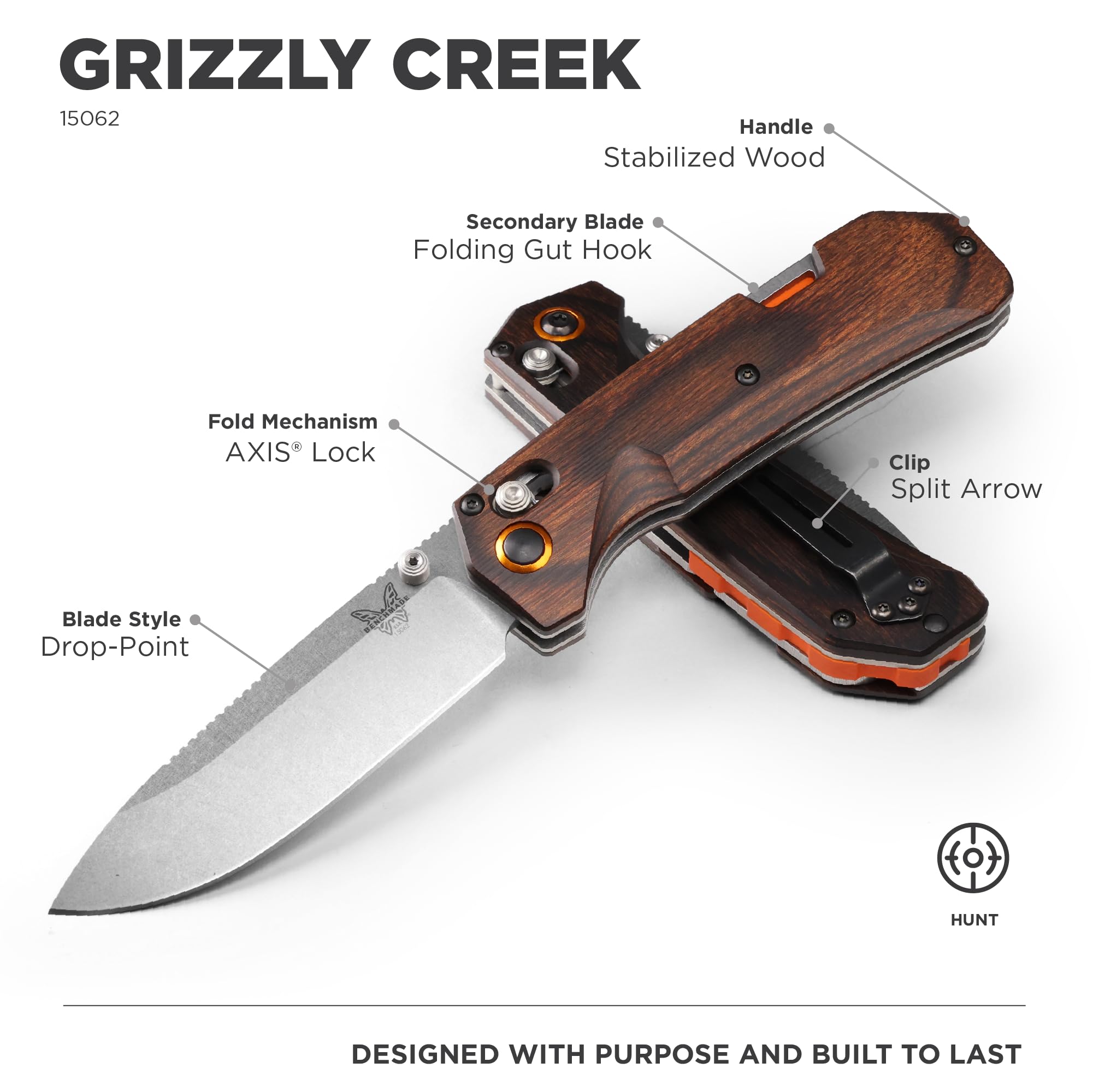 Benchmade Grizzly Creek 15062 EDC Folding Knife with Wood Handle - Outdoor Camping, Hunting & Everyday Carry Pocket Knife