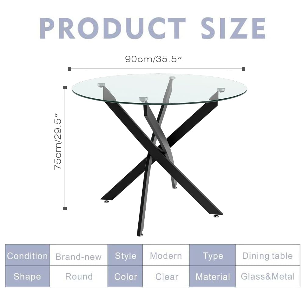 Round Tempered Glass 5-Piece Modern Dining Table Set with 4 Chairs - Grey Kitchen Table for Small Spaces, Breakfast Nook, Apartment Dining Room & Contemporary Home Decor