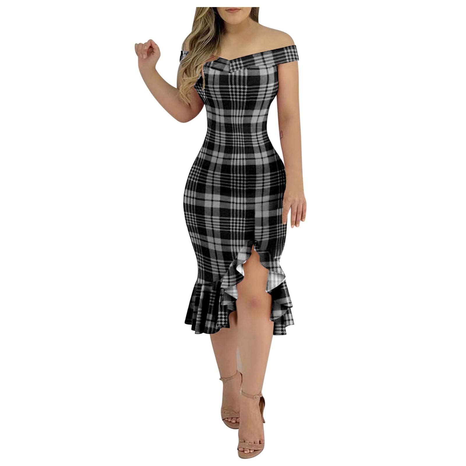 Kaideny Women's Sexy Off Shoulder Ruffle Hem Sequin Midi Dress - Bodycon Nightclub Party Dress for Women, Elegant Cocktail & Evening Wear, Perfect for Club Nights, Date Nights & Special Occasions