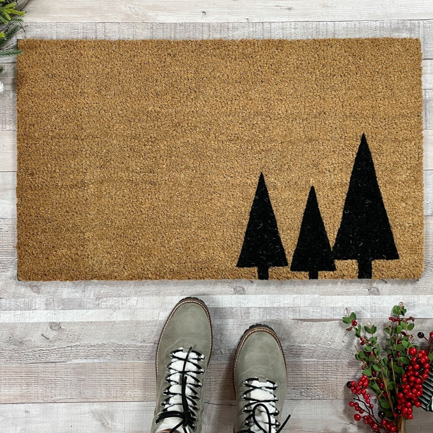 Non-Slip Geometric Trees Winter Doormat - Waterproof Indoor/Outdoor Entry Rug for Christmas Decor & Holiday Welcome Mat - Perfect for Front Door, Porch, and Home Entrance Decorations