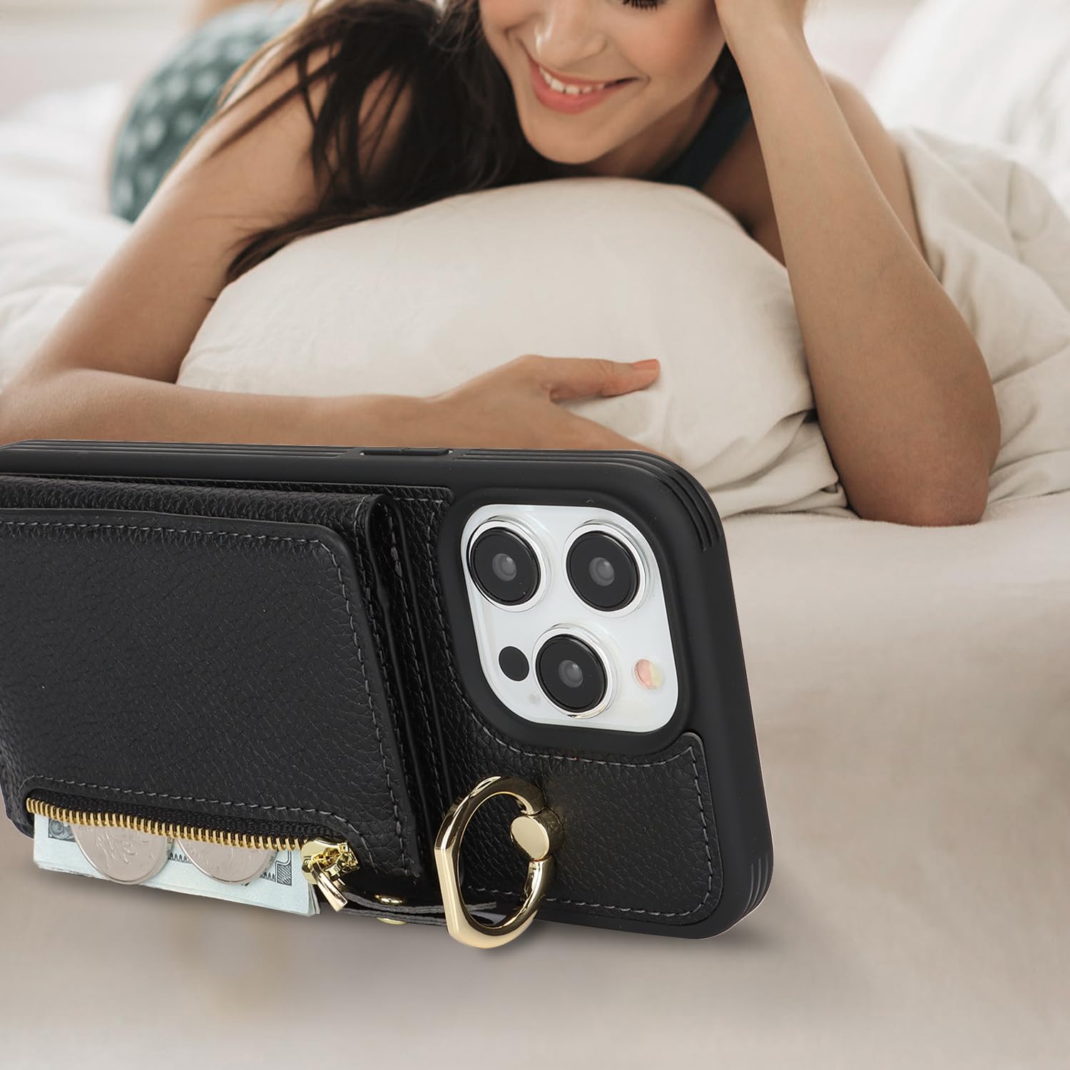 Premium Leather iPhone 14 Pro Max Wallet Case with Card Holder & Detachable Crossbody Strap - Zipper Pocket Protective Phone Cover for Women (Black) | Perfect for Travel, Shopping & Everyday Use