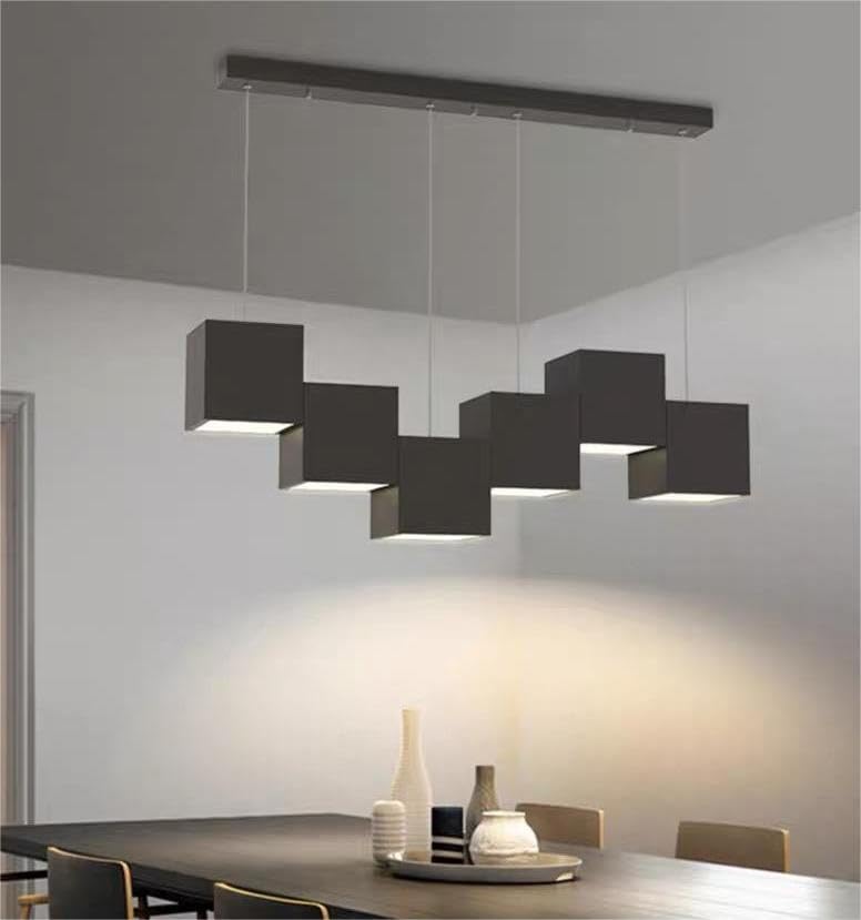 Modern Black Kitchen Island Lighting - 6-Light Square Linear Chandelier for Dining Room & Kitchen Ceiling Hanging Pendant Light - Perfect for Farmhouse, Contemporary Dining Areas & Breakfast Nooks