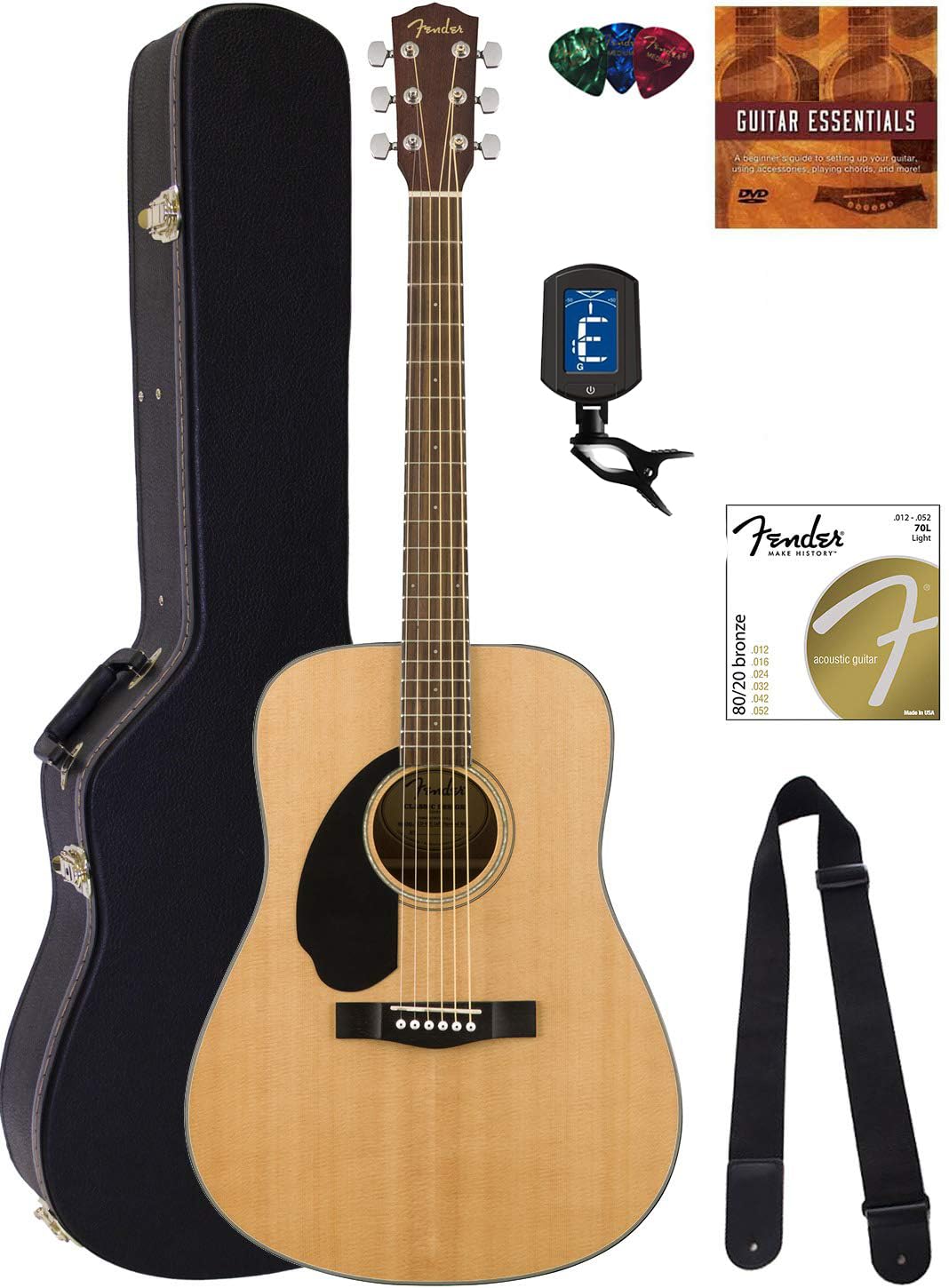 Fender CD-60S Solid Top Dreadnought Left-Handed Acoustic Guitar Bundle - Natural Finish with Hard Case, Tuner, Strap, Strings, Picks & Austin Bazaar DVD | Perfect for Beginners, Live Performances & Home Practice