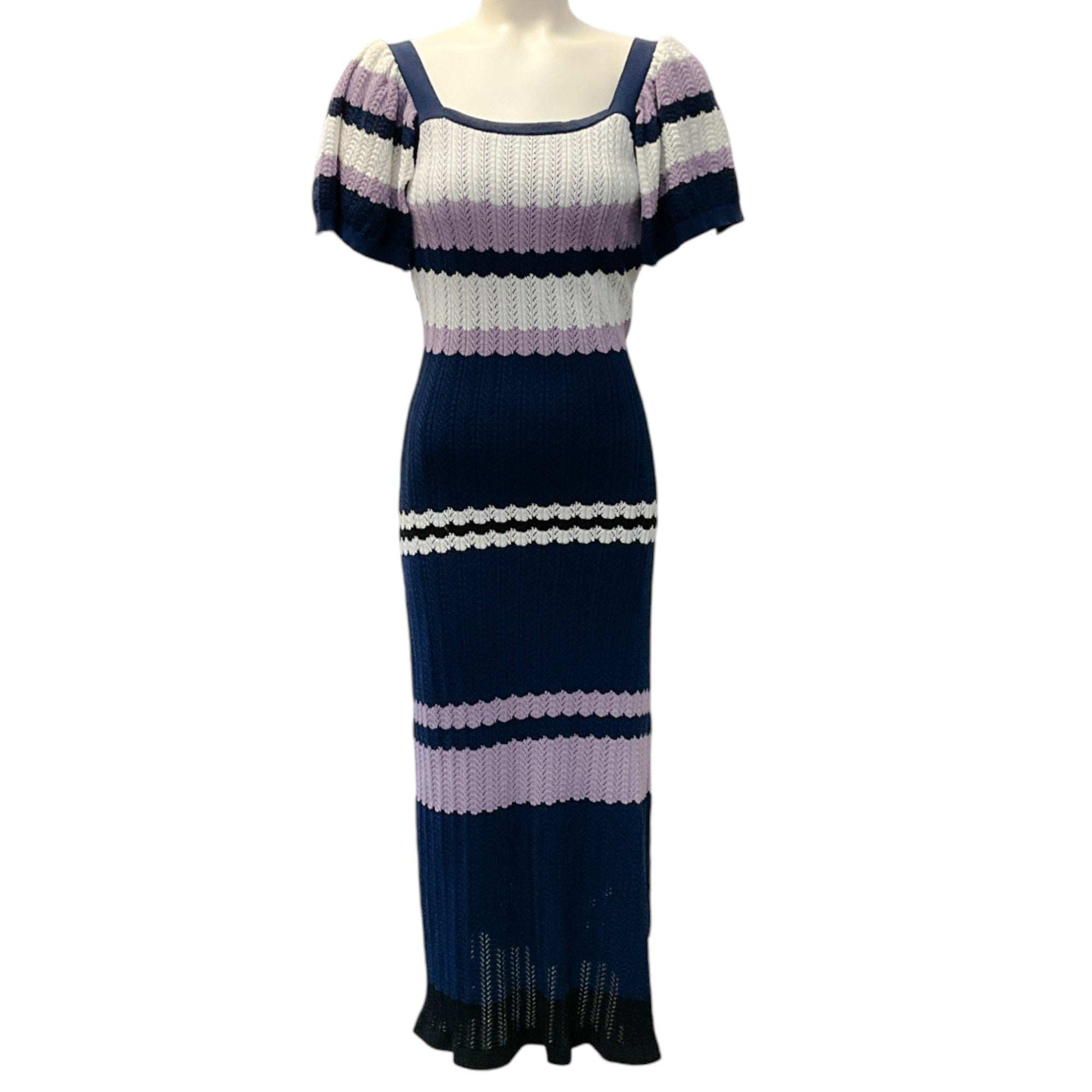 Adam Lippes Navy Blue & Ivory Flounce Sleeve Knit Midi Dress - Elegant Casual & Party Wear for Women