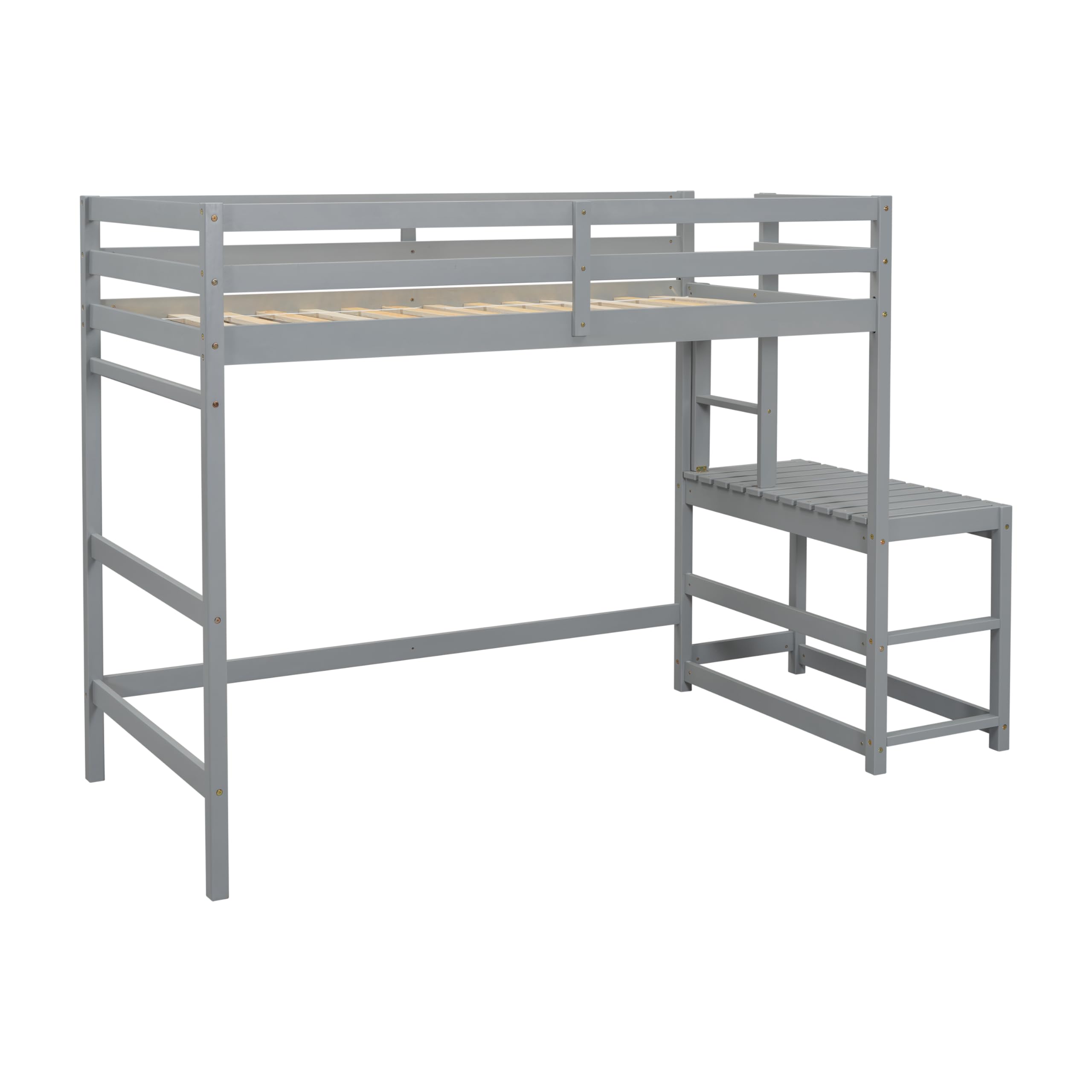 **Twin Size Wooden Loft Bed with Ladder, Guardrails & Landing Platform – Space-Saving High Loft Bed with Slats Support & Under-Bed Storage – No Box Spring Needed (Gray) – Perfect for Kids, Teens & Small Bedrooms**