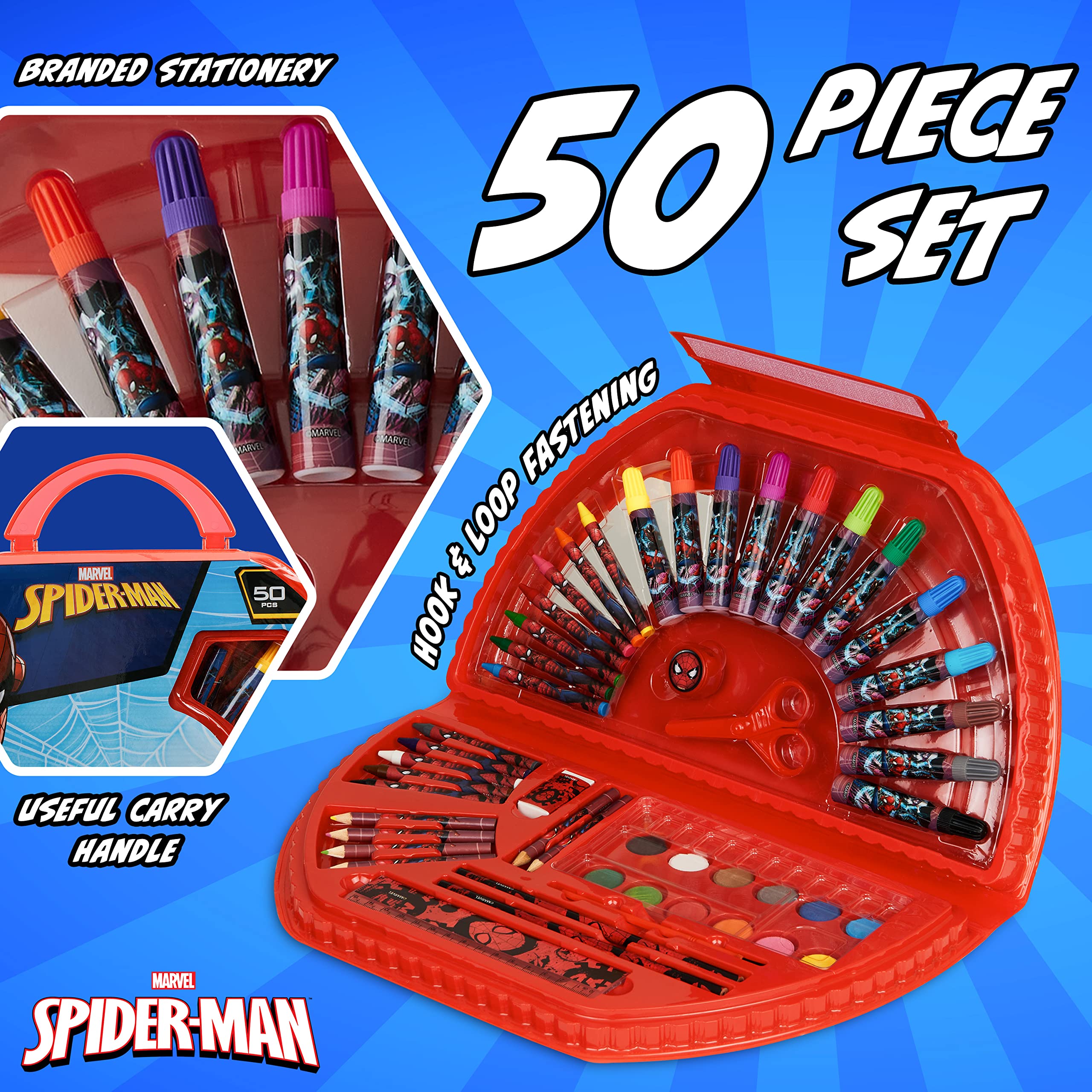 Marvel Spiderman Kids Drawing Set - Art Supplies with Coloring Pens, Colored Pencils & Crayons - Perfect Gift for Boys & Girls (Red/Navy Blue) - Ideal for School Projects, Birthday Parties & Creative Playtime