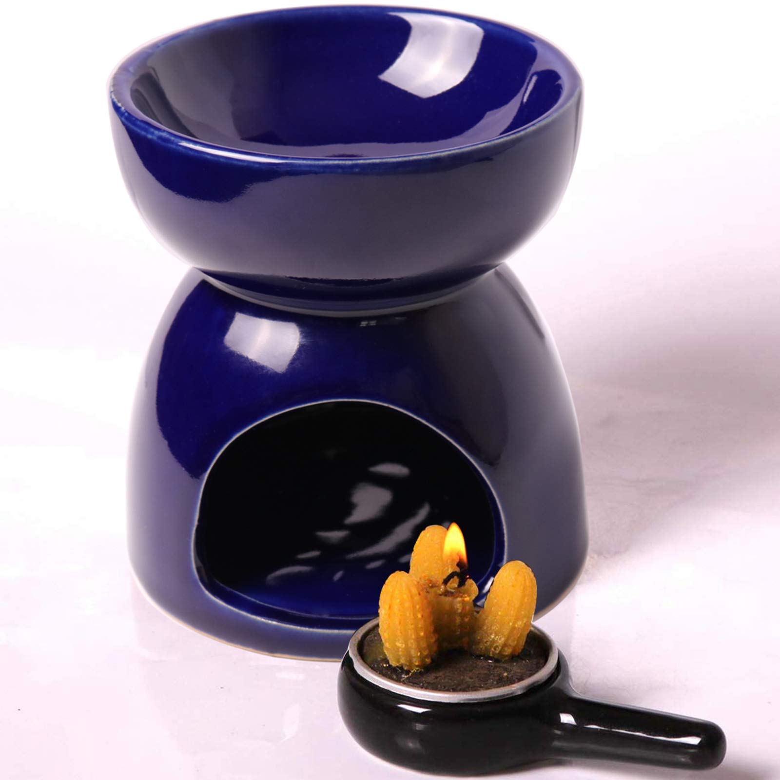 Blue Ceramic Essential Oil Burner with Classic Leaf Carving - Aromatherapy Diffuser, Tea Light Candle Holder & Wax Melter for Home Fragrance - Perfect for Living Room Decor, Balcony Relaxation & Garden Ambience