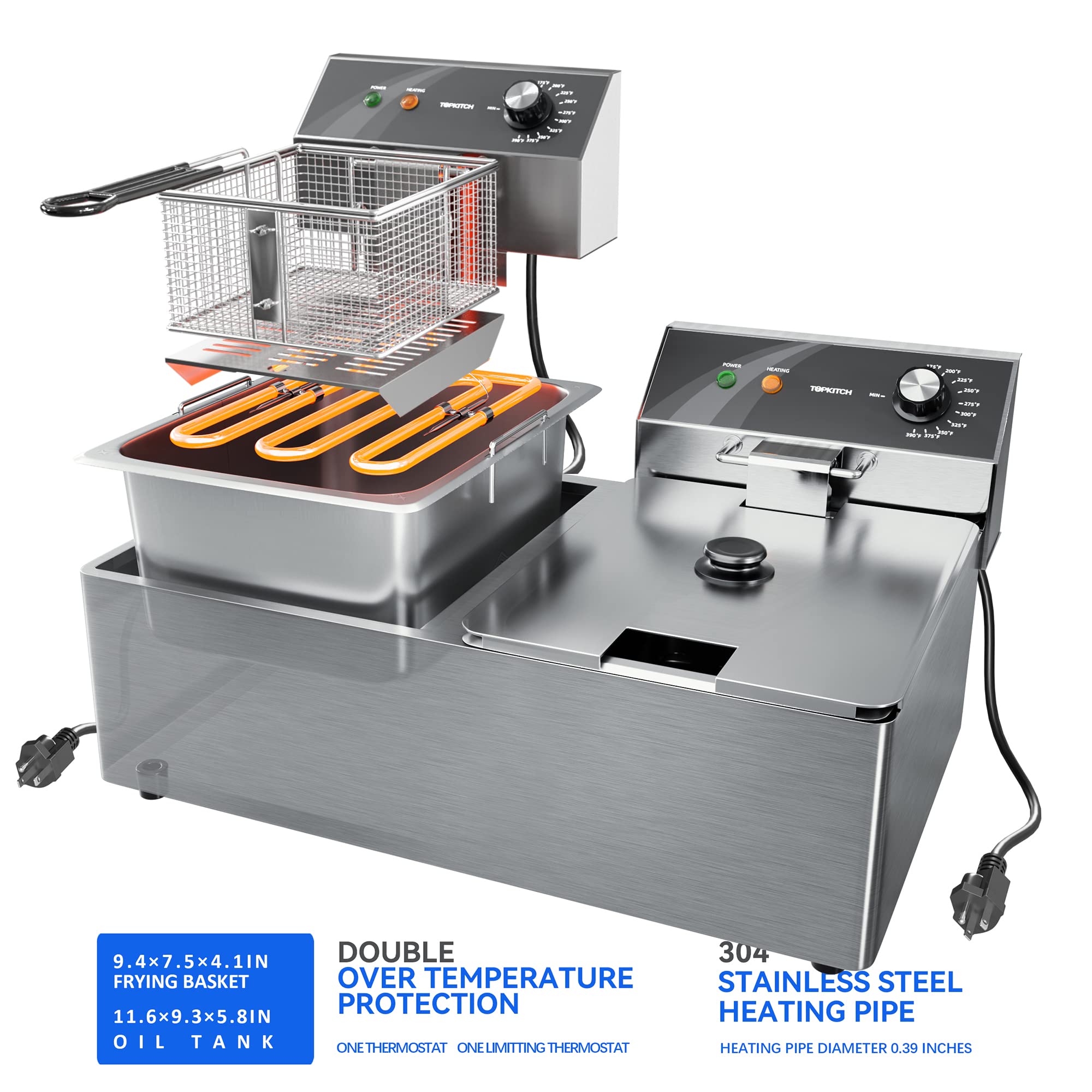 Commercial Stainless Steel Dual Tank Electric Deep Fryer - 10L x 2 (21.2QT) Capacity with 2 Baskets - 3600W 120V Countertop Deep Fryer for Restaurants, Fast Food Shops & Home Kitchen - Perfect for Frying Chicken, Fish, French Fries & Donuts