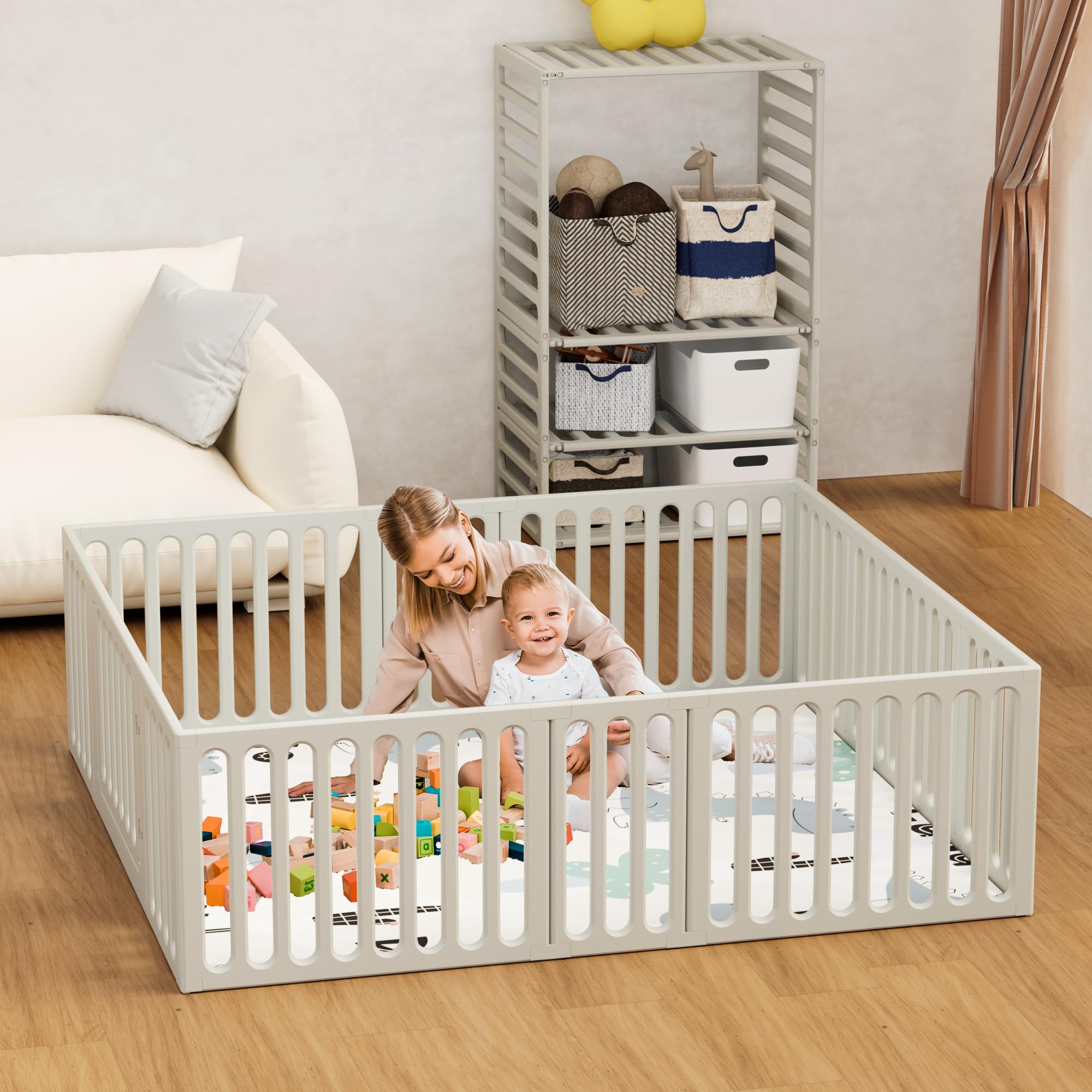 Hoopyosms 12-Panel Baby Playpen with Safety Gate - Adjustable Shape Toddler Fence, Kids Activity Center & Large Play Yard - Indoor Playpen with Storage Shelf for Home Use - Perfect for Nursery, Living Room & Playtime Safety