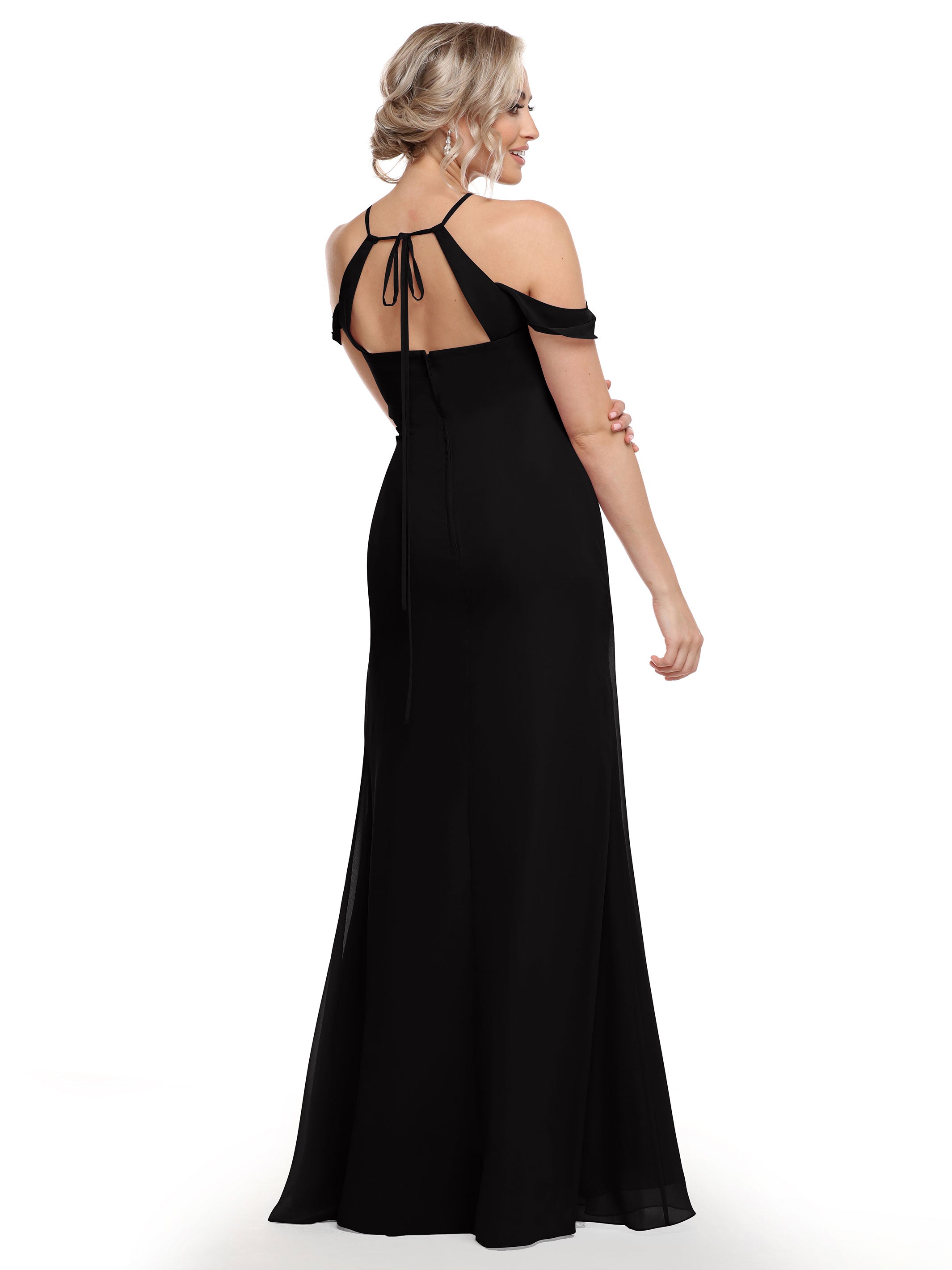 Elegant Off-the-Shoulder Chiffon Bridesmaid Dress with Halter Neckline - Perfect for Weddings, Formal Events & Special Occasions