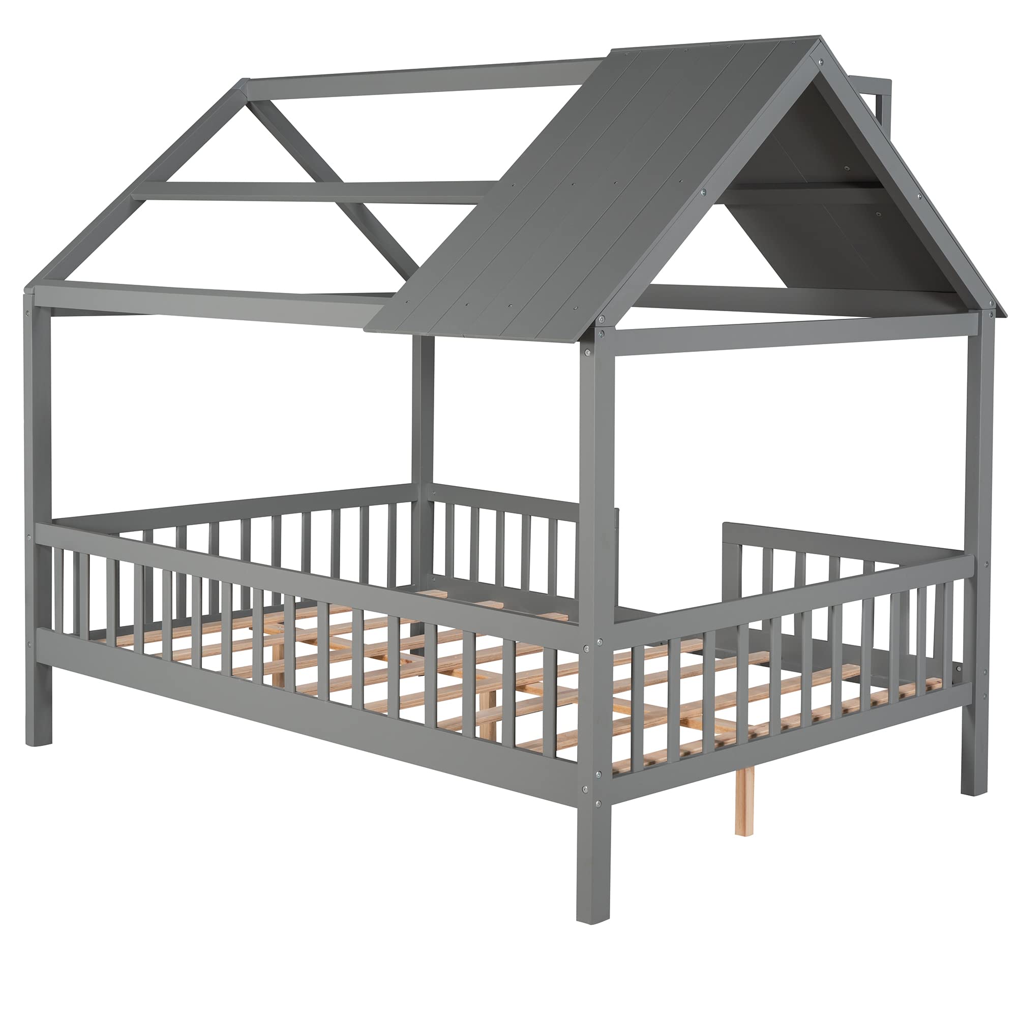 Merax Full House Bed for Kids - Wooden House-Shaped Bed Frame with Roof Windows & Safety Rails - Grey - Perfect for Kids' Bedroom, Playroom & Sleepovers