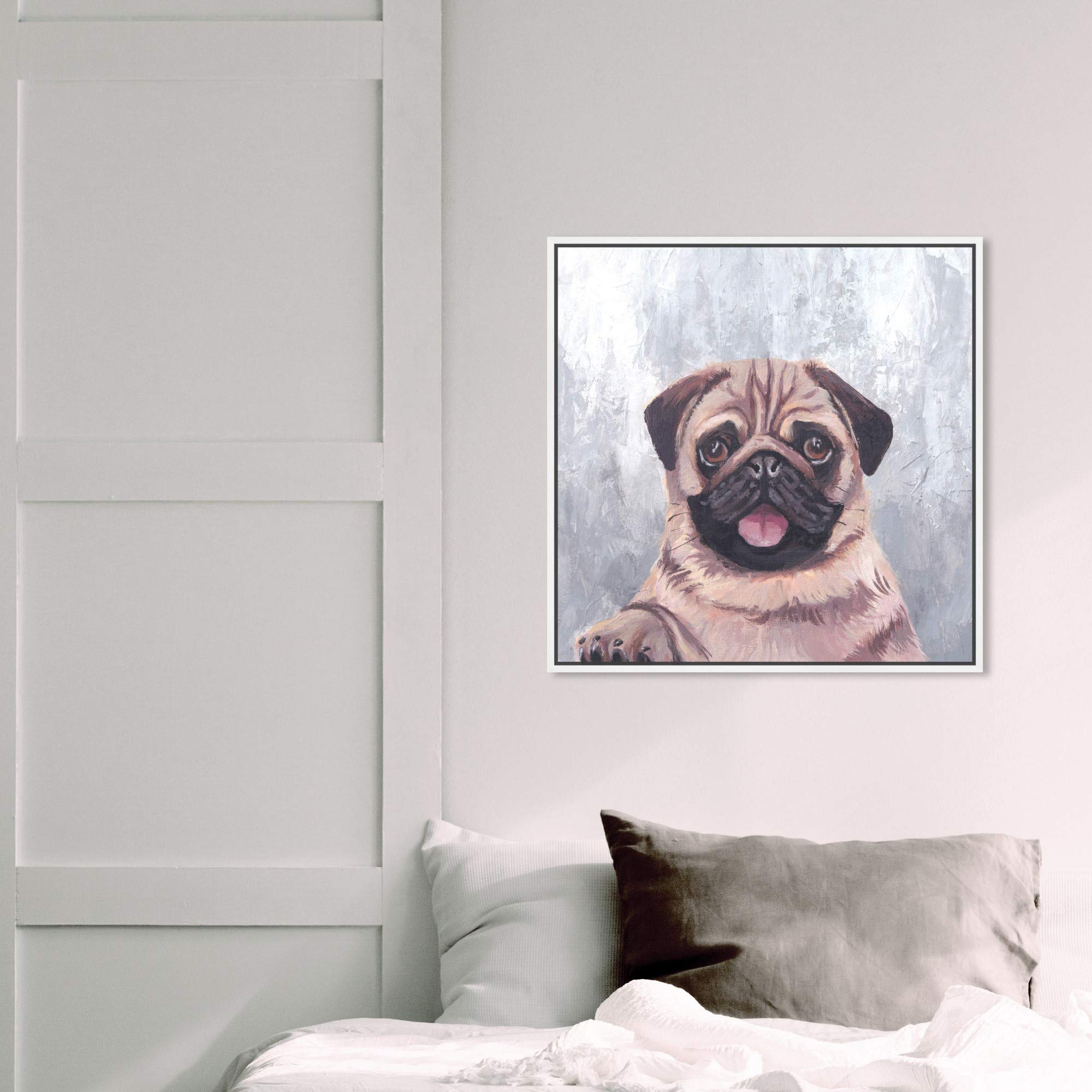 Happy Pug Dog Wall Art - 20x20 Inch Framed Canvas Print by Oliver Gal Artist Co. - Brown & Gray Animal Home Decor for Living Room, Bedroom & Office