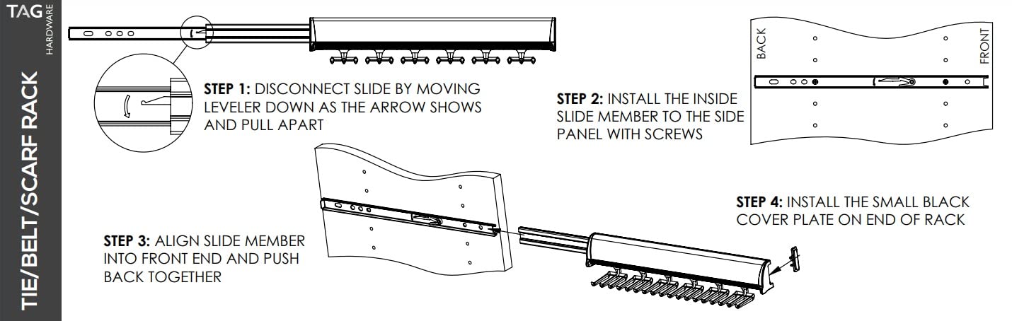 TAG Hardware 15-Hook Full Extension Telescopic Tie Rack - Space Saving Closet Organizer for Neckties, Belts & Scarves (Black) - Perfect for Bedroom, Walk-in Closet & Office Organization