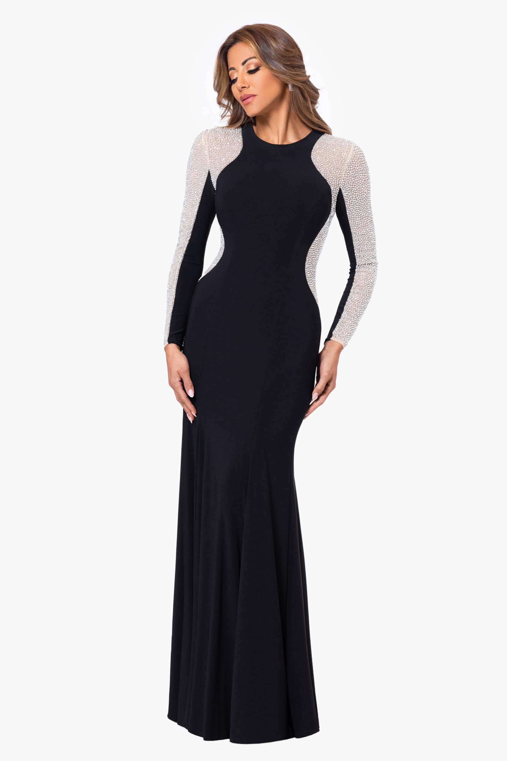 Xscape Women's Long Sleeve Beaded Contour Gown - Elegant Evening Dress for Prom, Wedding & Formal Events