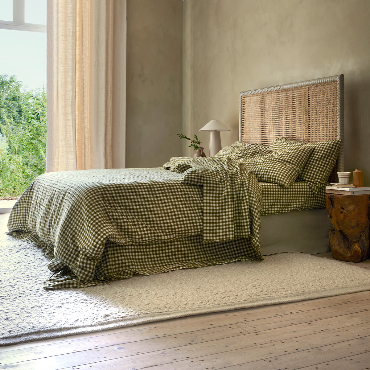 Botanical Green Gingham 100% Linen Flat Sheet - Queen Size Bedding for Summer & Spring - Soft Breathable Luxury Bed Sheet for Home Decor & Guest Room