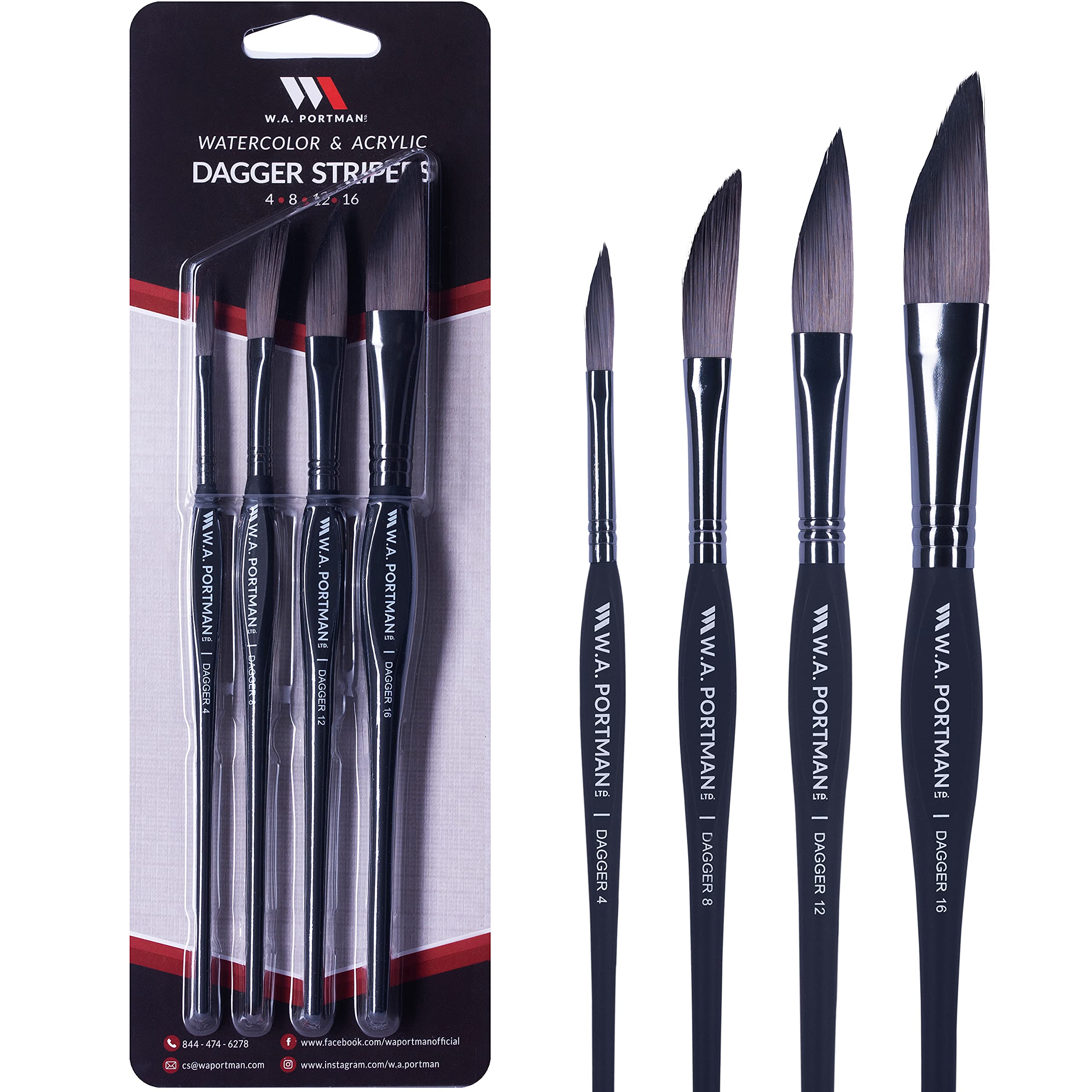 Professional WA Portman Dagger Paint Brush Set of 4 - Watercolor & Acrylic Dagger Brushes with Comfort Grip - Ideal for Fine Art, Pinstriping, Detailing & Calligraphy - Perfect for Artists, Hobbyists & DIY Projects