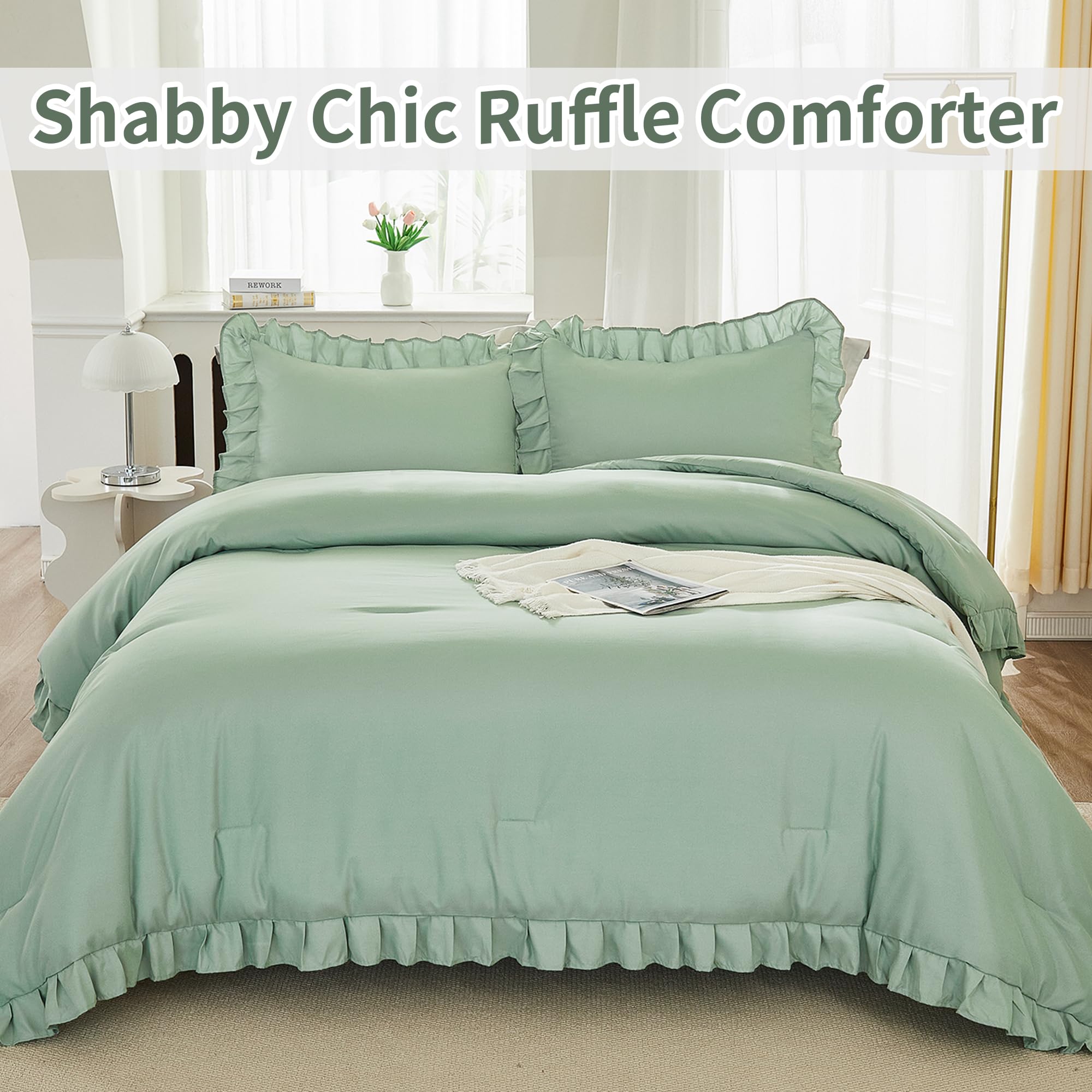 Andency Sage Green Comforter Set Full 3-Piece - Lightweight Soft Ruffle Bedding, Farmhouse Rustic Fluffy Microfiber Down Alternative Comforter (79x90 Inches) - Perfect for Guest Rooms, Master Bedrooms & Cozy Farmhouse Decor
