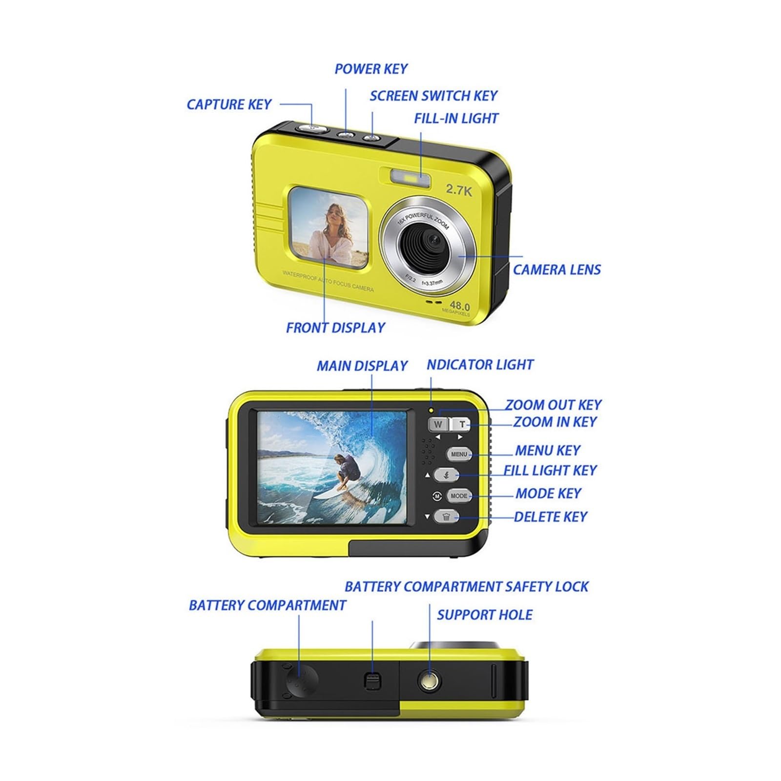 MZZYG Action Camera with Dual Screens, Waterproof 4K HD Sports Camera, Anti-Shake Driving & Riding Recorder (Black) - Perfect for Outdoor Adventures, Vlogging, and Extreme Sports