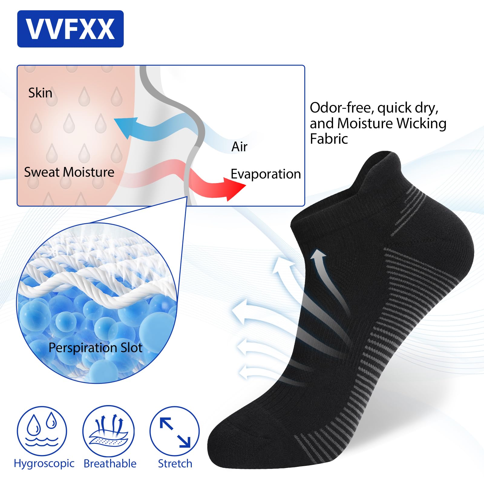 VVFXX Men's Athletic Running Socks - 6 Pairs No Show Ankle Socks with Compression Support for Sports, Gym & Daily Wear - Breathable Moisture Wicking Workout Socks for Men