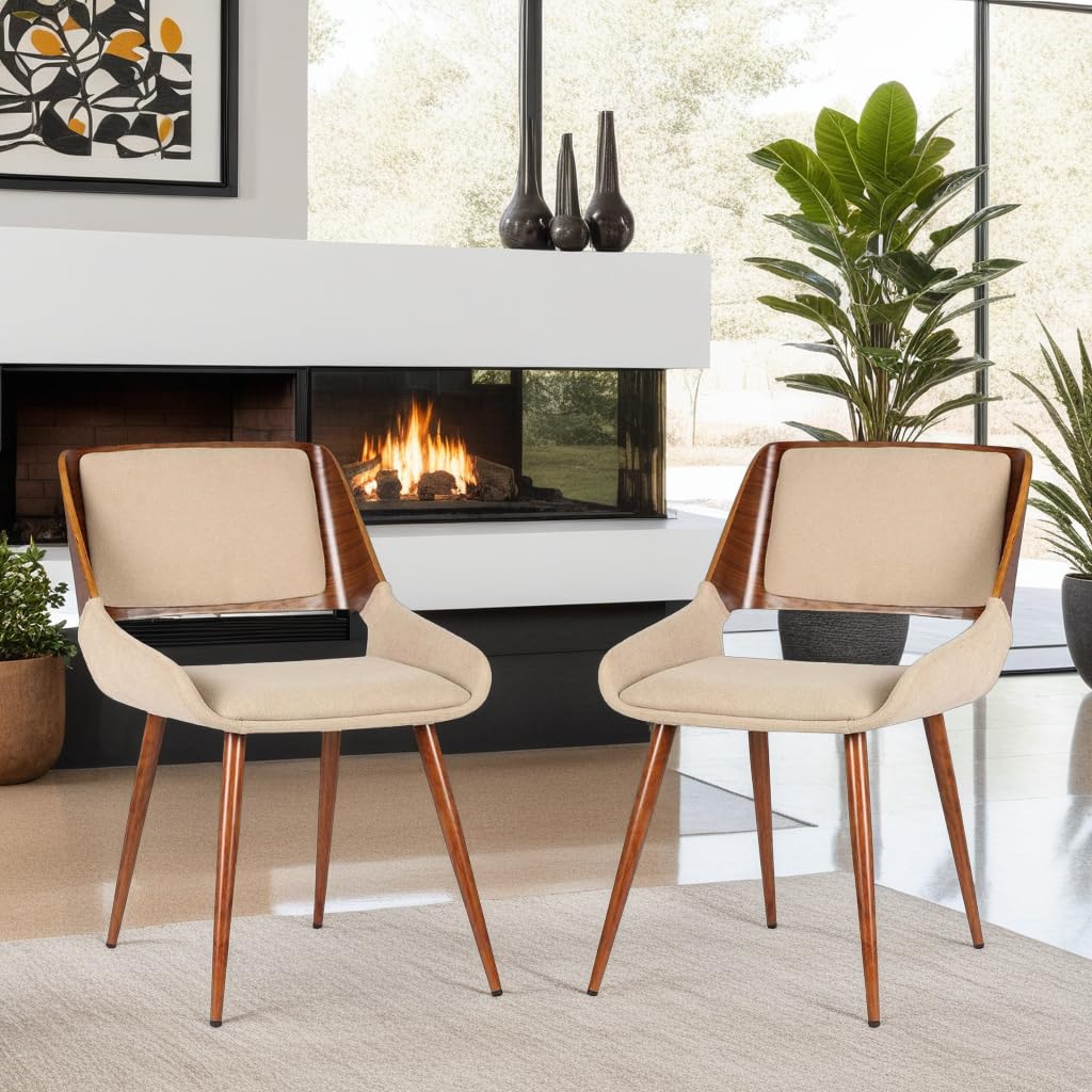 Armen Living Panda Mid Century Modern Dining Chair - Brown Fabric Upholstery & Walnut Wood Finish - Perfect for Kitchen, Home Office, Desk, and Vanity Areas