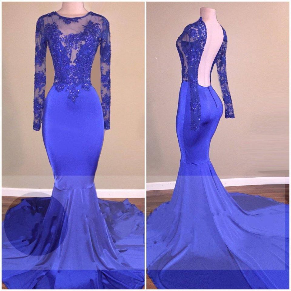 Elegant Royal Blue Long Sleeve Mermaid Prom Dress with Backless Design - Perfect for Homecoming, Formal Dances & Special Occasions