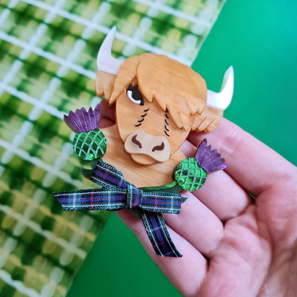Bonnie The Highland Cow Brooch by Cherryloco - Handmade Scottish Cow Pin for Women - Perfect for Jackets, Scarves, and Hats | Unique Gift for Animal Lovers