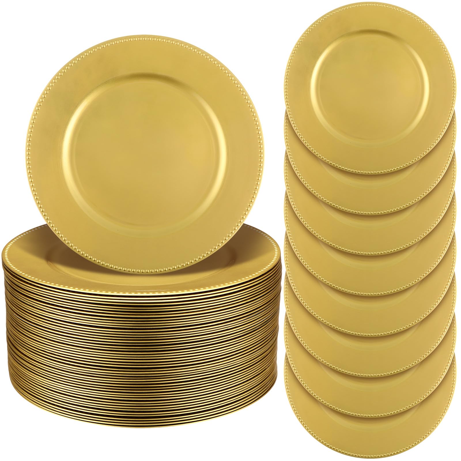 Jinei 100Pcs Gold Plastic Reusable Charger Plates - 13'' Round Vintage Dinner Plates for Wedding, Party & Holiday Decorations - Elegant Table Setting for Formal Dinners, Buffets & Special Events