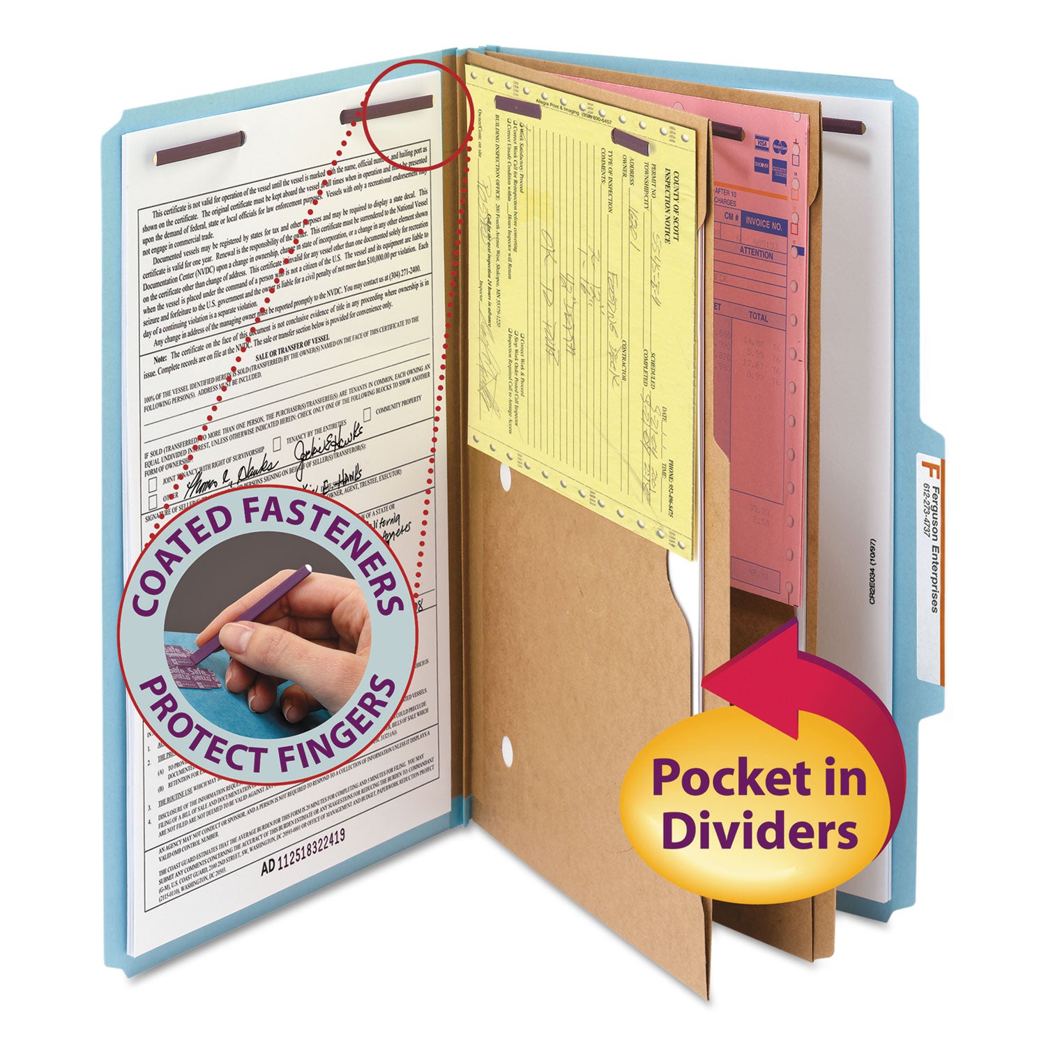 6-Section Pressboard Top Tab Pocket Classification Folders with SafeShield Fasteners - 2 Dividers, Legal Size, Blue, 10-Pack/Box - Perfect for Office Organization & Document Filing