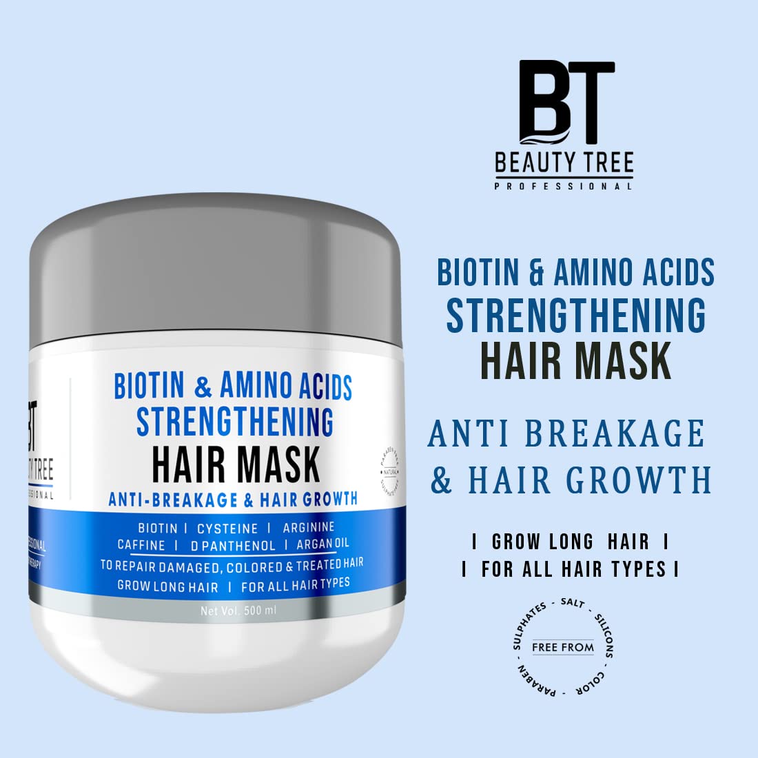 BEAUTY TREE Biotin & Amino Acids Hair Growth Mask - Strengthening Treatment with Biotin, Caffeine, Argan Oil for Long & Strong Hair - Vegan, Sulfate & Paraben Free 500ml - Perfect for Damaged Hair Repair & Daily Nourishment