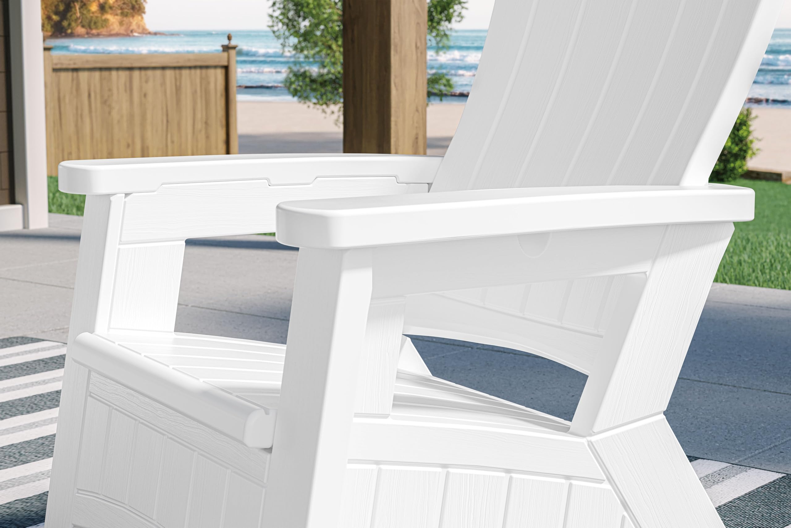 Suncast UV-Resistant White Adirondack Patio Chair with Built-in Seat Storage - Durable Outdoor Furniture for Backyard, Garden, Poolside & Deck Relaxation