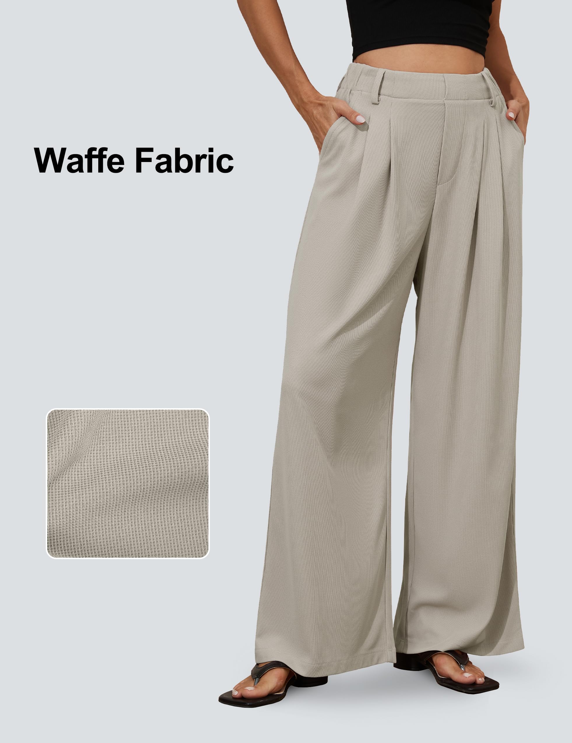 Kayamiya Women's High Waisted Elastic Waist Wide Leg Waffle Pants - Business Casual Work Pants with Pockets for Summer | Office Wear, Lounge, Travel & Everyday Comfort