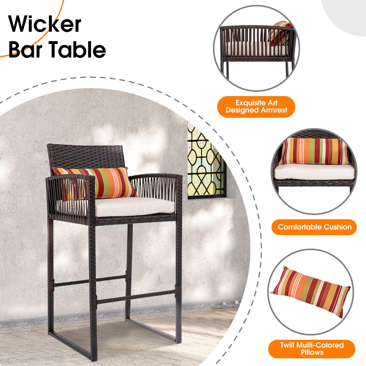 Sundale Outdoor 3-Piece Wicker Bar Set with 2 Stools, Glass Holder & Ice Bucket - Brown Rattan & Beige Cushions - High Top Bistro Dining for Patio, Garden, Poolside & Backyard Entertaining