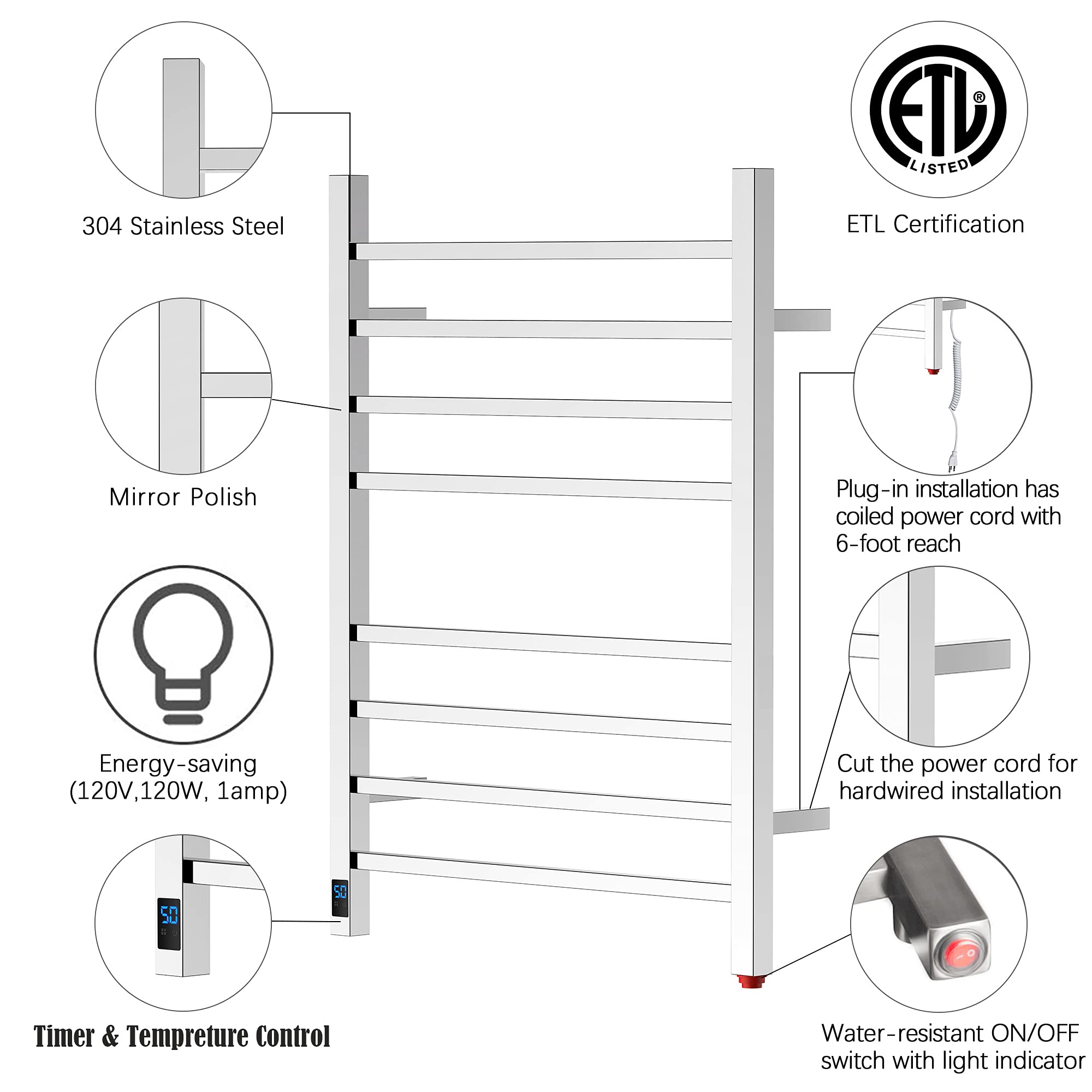 HEATGENE Electric Towel Warmer with Timer & Temperature Control - 8 Square Bar Wall-Mounted Towel Rack for Bathroom (Plug-in/Hardwired) - Mirror Polish Finish - Perfect for Spa, Luxury Hotels & Home Use