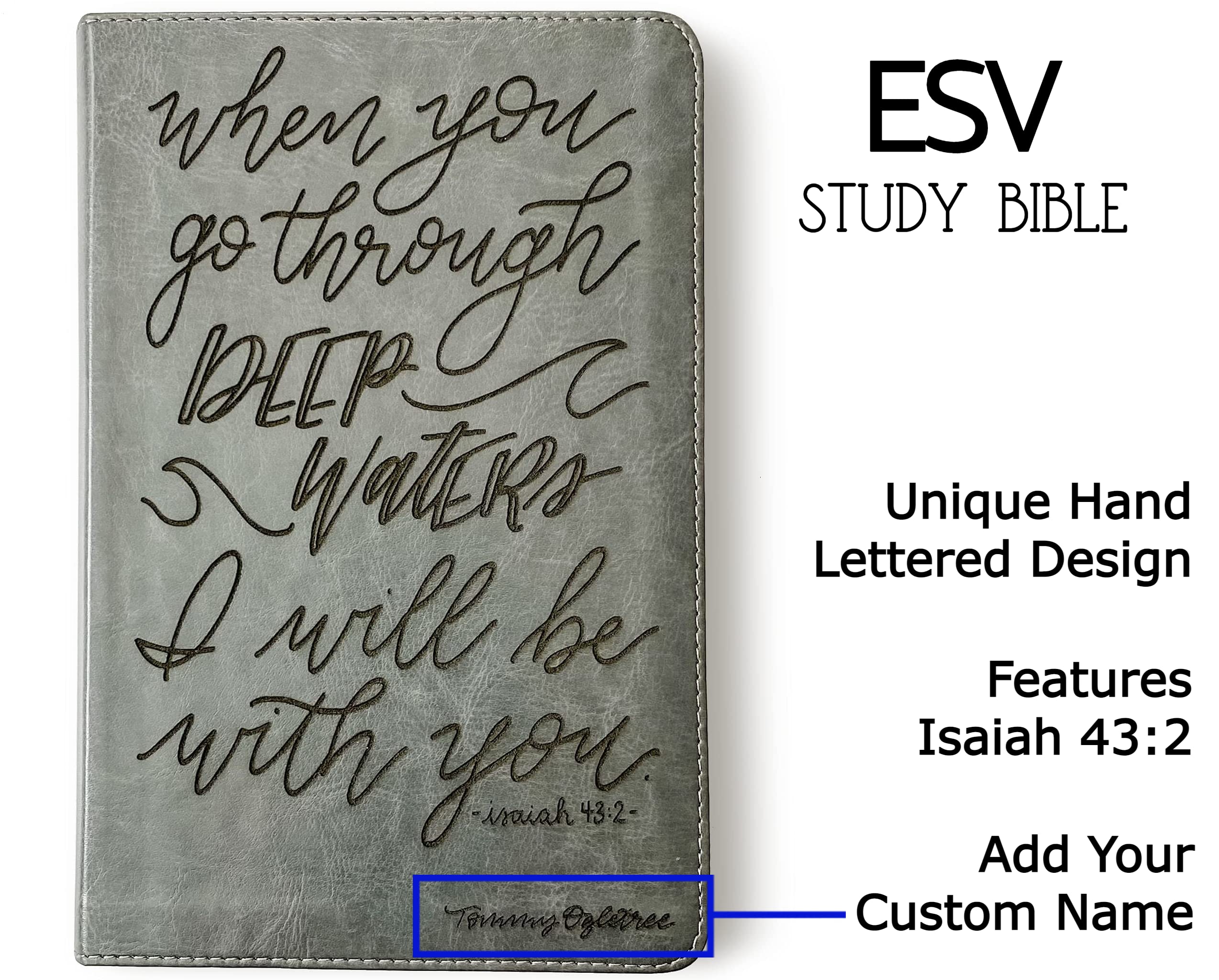 Hand Lettered & Laser Engraved ESV Student Study Bible - Gray TruTone Leather Cover with Custom Name Engraving | Personalized Christian Gift for Graduation, Baptism & Daily Devotion