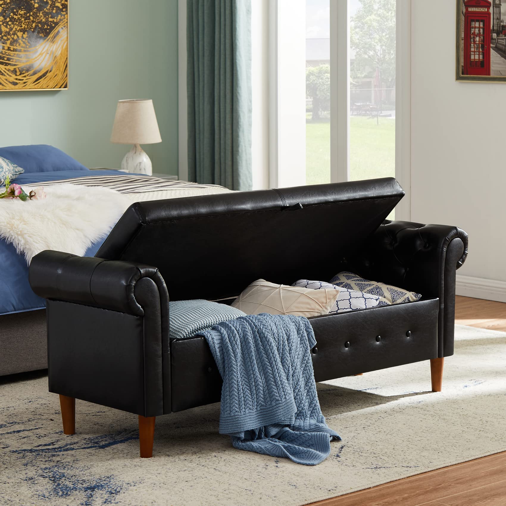 Aoowow Black PU Leather Storage Bench with Rolled Arms - Ottoman Seat for Bedroom, End of Bed, Window Sitting, Fireplace, Toy Storage | Durable & Stylish Home Decor