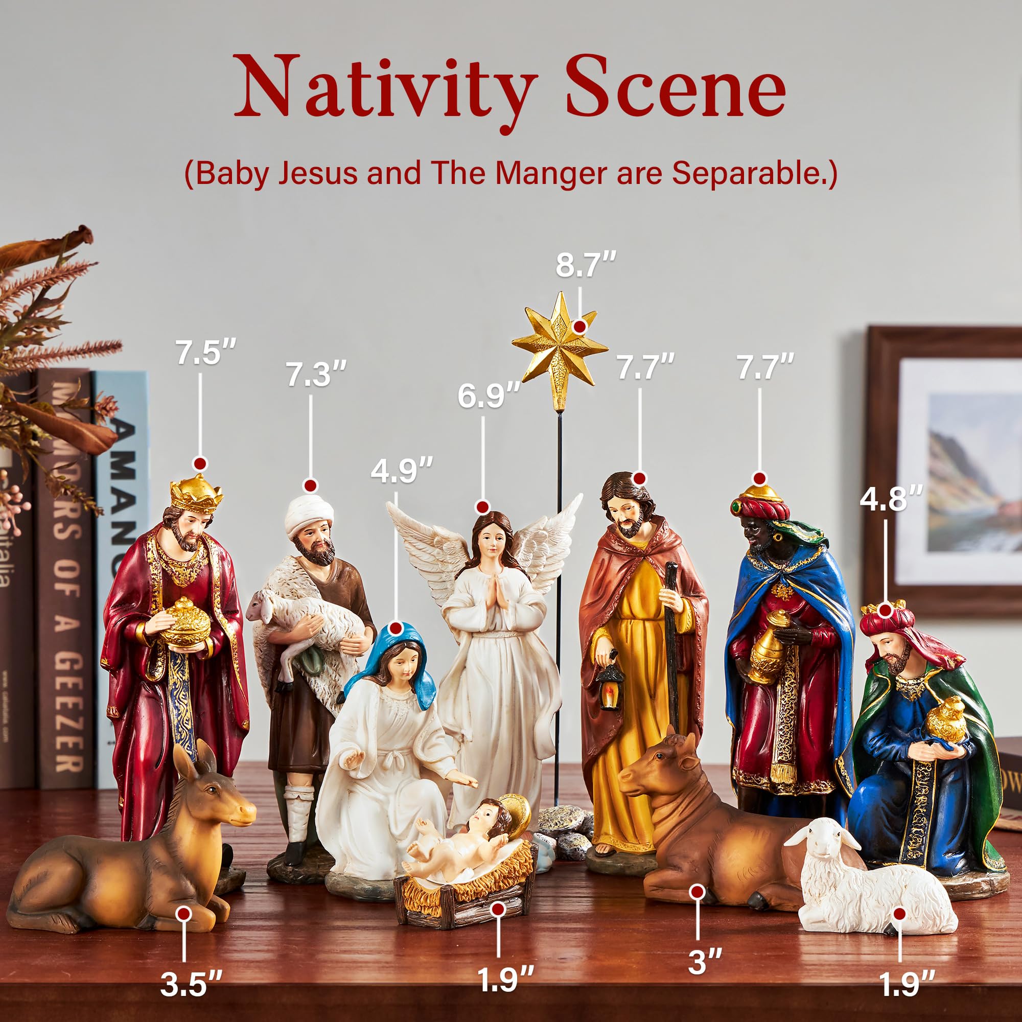 13-Piece Nativity Set for Christmas - 7.9 Inch Tabletop Nativity Scene with Resin Figurines, Religious Home Decor for Holidays | Perfect for Mantel Displays, Church Altars & Gift Giving