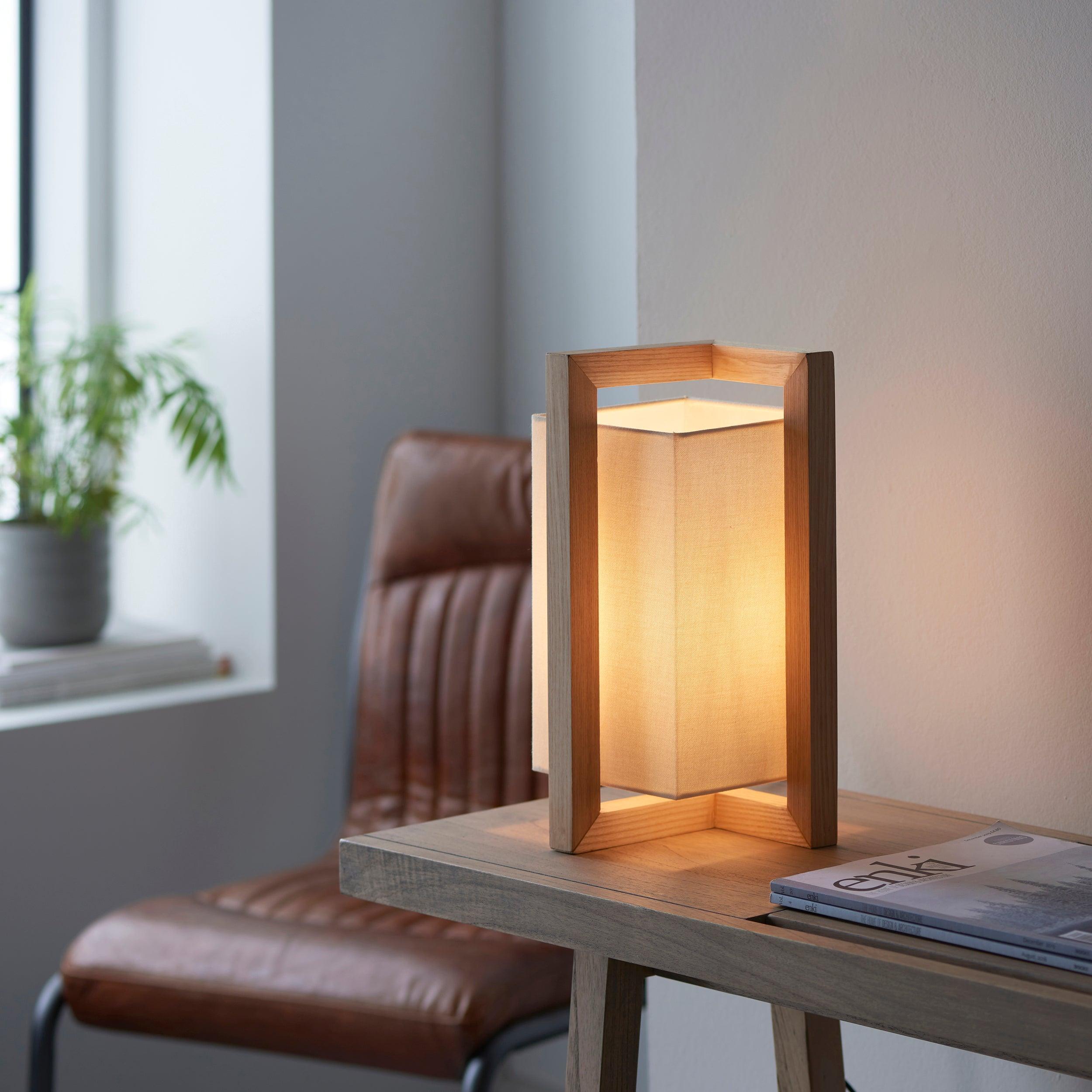 Modern Geometric Wood Table Lamp with White Fabric Shade - Stylish Home Office & Bedroom Lighting Decor