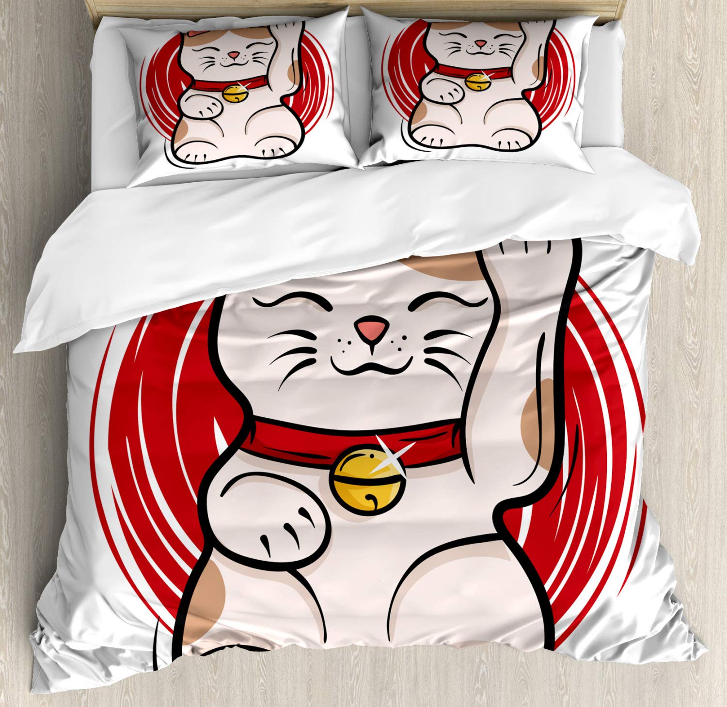 Ambesonne Japanese Lucky Cat Duvet Cover Set - Cheerful Maneki Neko Design with Artistic Background | 3-Piece Queen Size Bedding Set (Duvet Cover + 2 Pillow Shams) in Vermilion Cocoa | Perfect for Anime Lovers' Bedroom, Asian-Themed Decor & Unique Gift Ideas