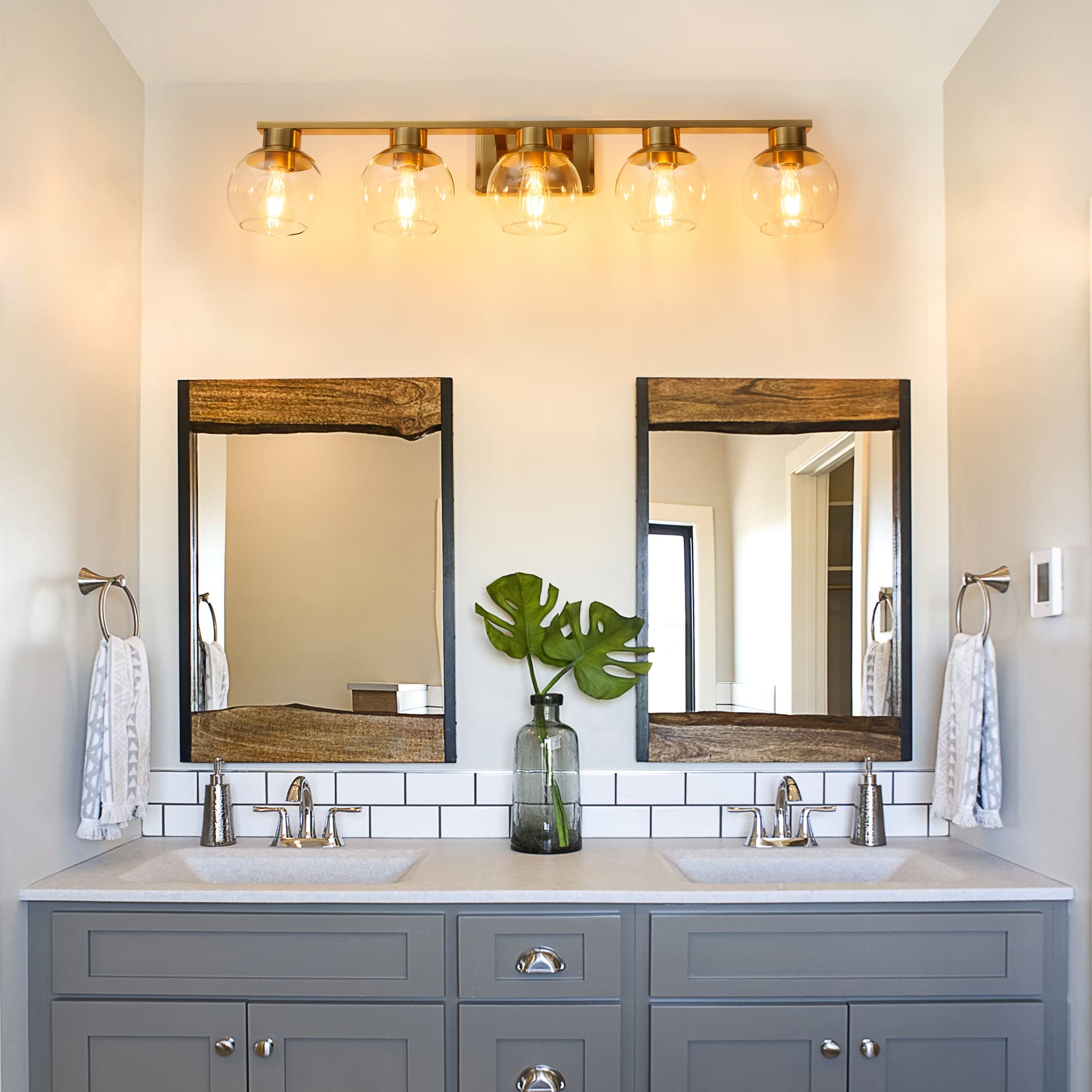 PAZALA Brushed Brass 5-Light Bathroom Vanity Light Fixture - Wall Sconce with Globe Glass Shade & E26 Base - Perfect for Bathroom Mirror, Bedroom, Living Room, Hallway & Picture Wall Lighting (Ideal for Modern Home Decor & Vanity Makeup Area)